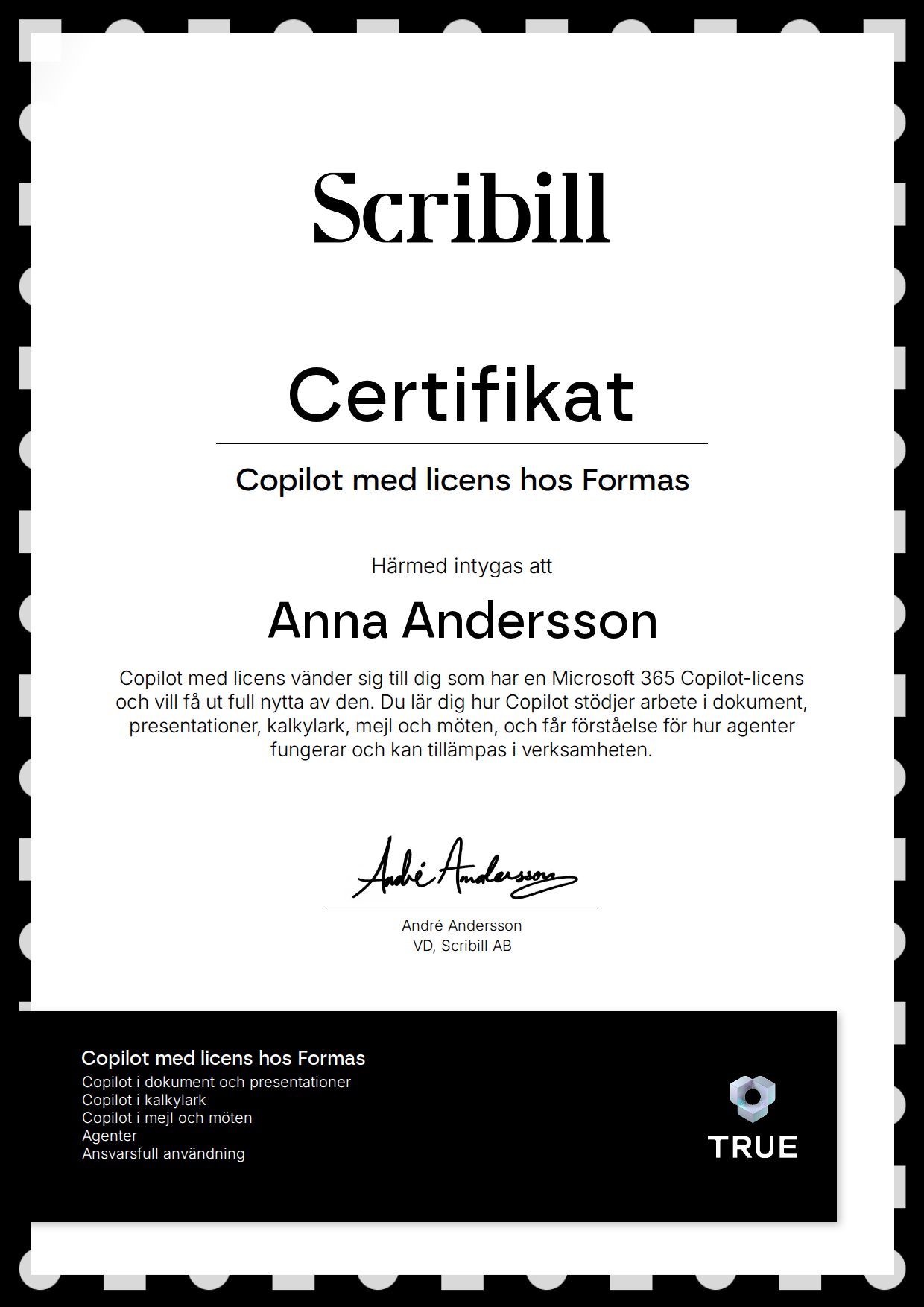 Example certificate for Copilot med licens hos Formas from Scribill AB i Malmö