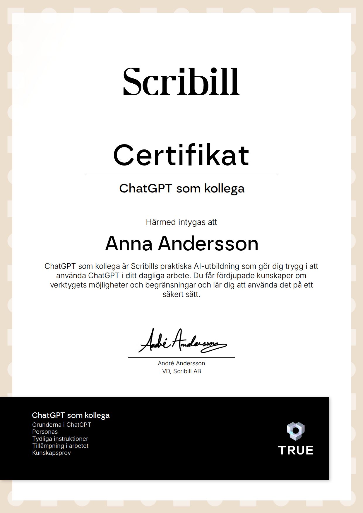 Example certificate for ChatGPT som kollega from Scribill AB i Malmö