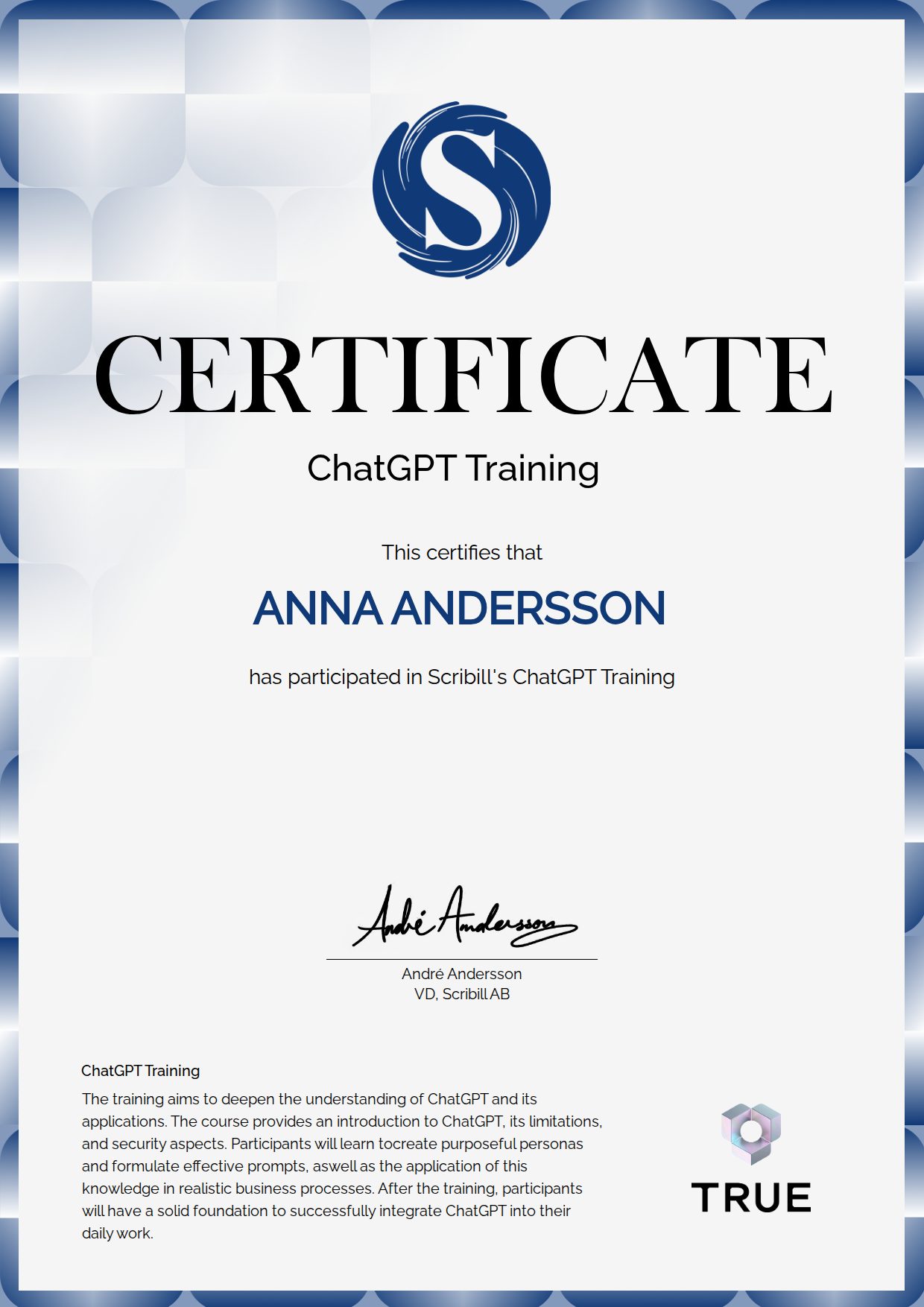 Example certificate for ChatGPT Training from Scribill AB i Malmö