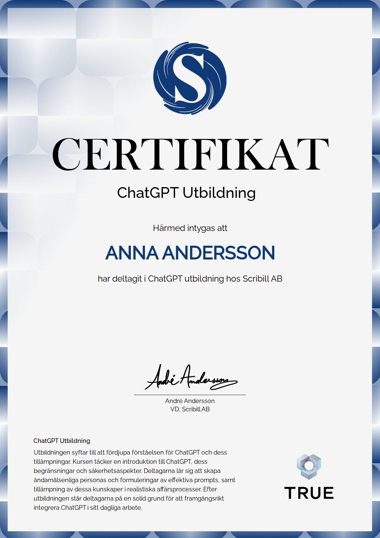 Exempel: diplom för ChatGPT Utbildning från Scribill AB i Malmö