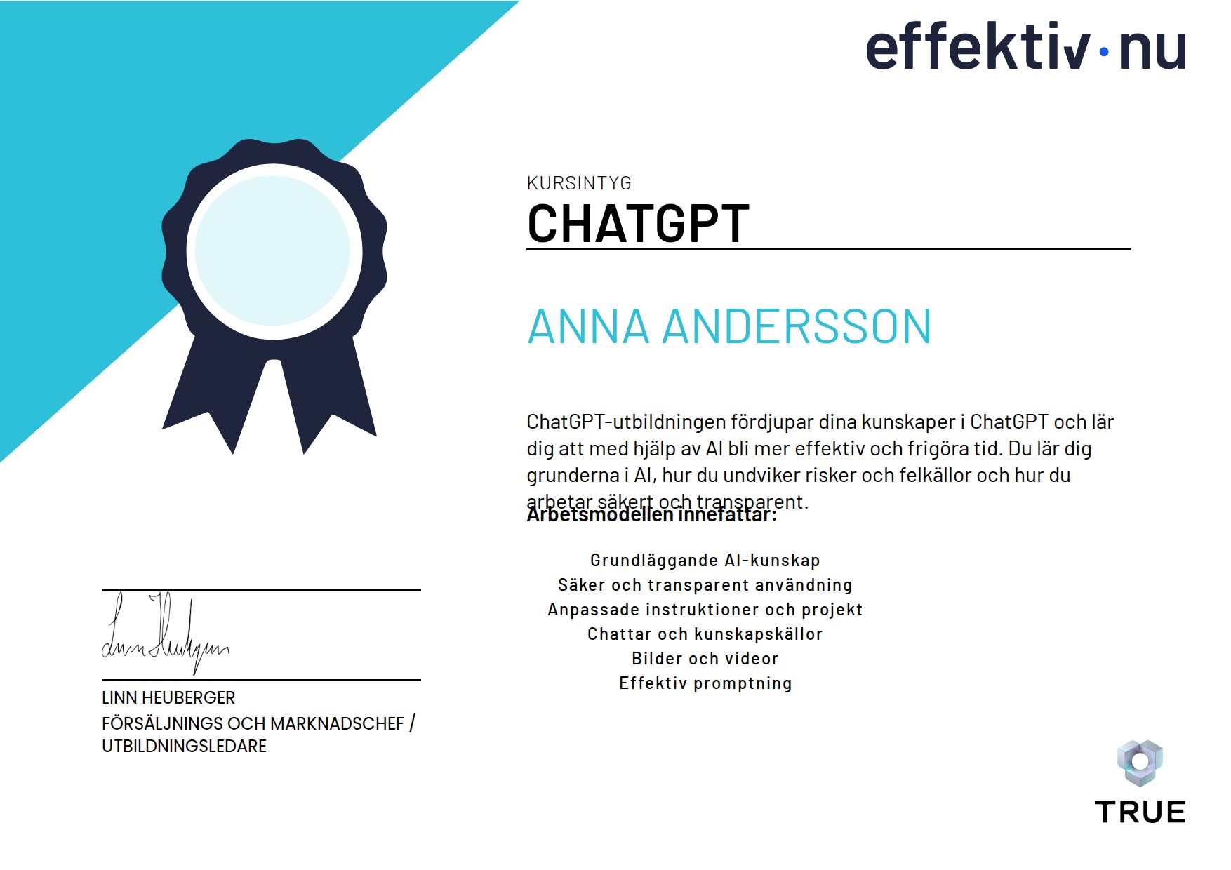 Exempel: diplom för ChatGPT från Effektiv nu