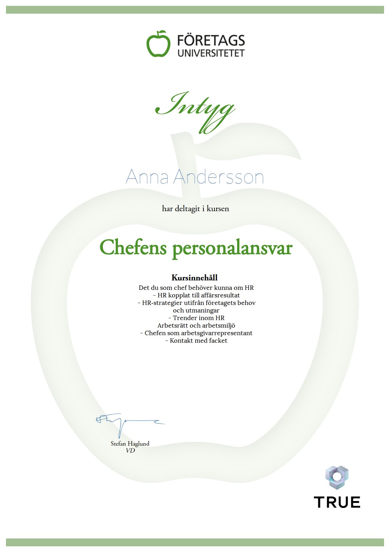 Exempel: diplom för Chefens personalansvar från Företagsuniversitetet