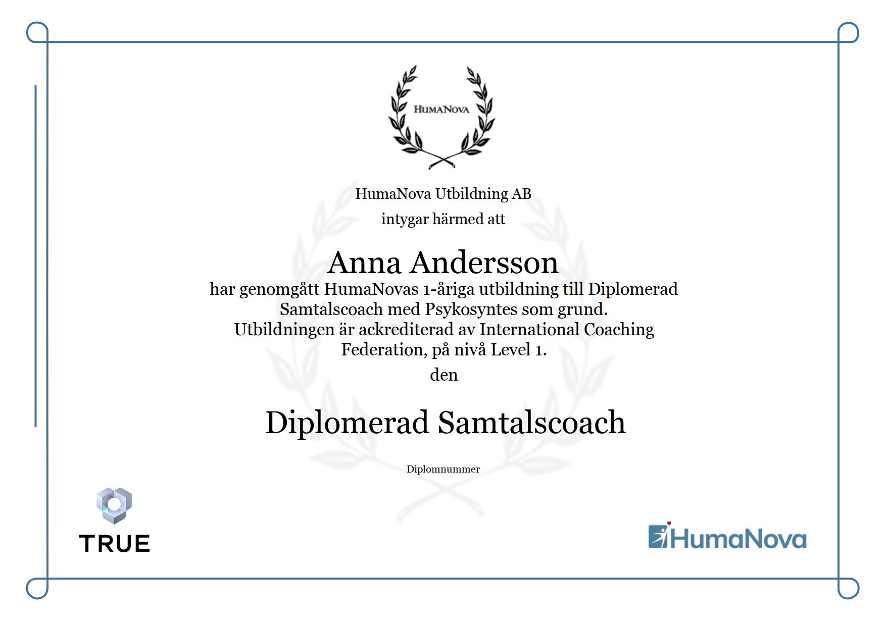 Exempel: diplom för Diplomerad Samtalscoach från Humanova Utbildning