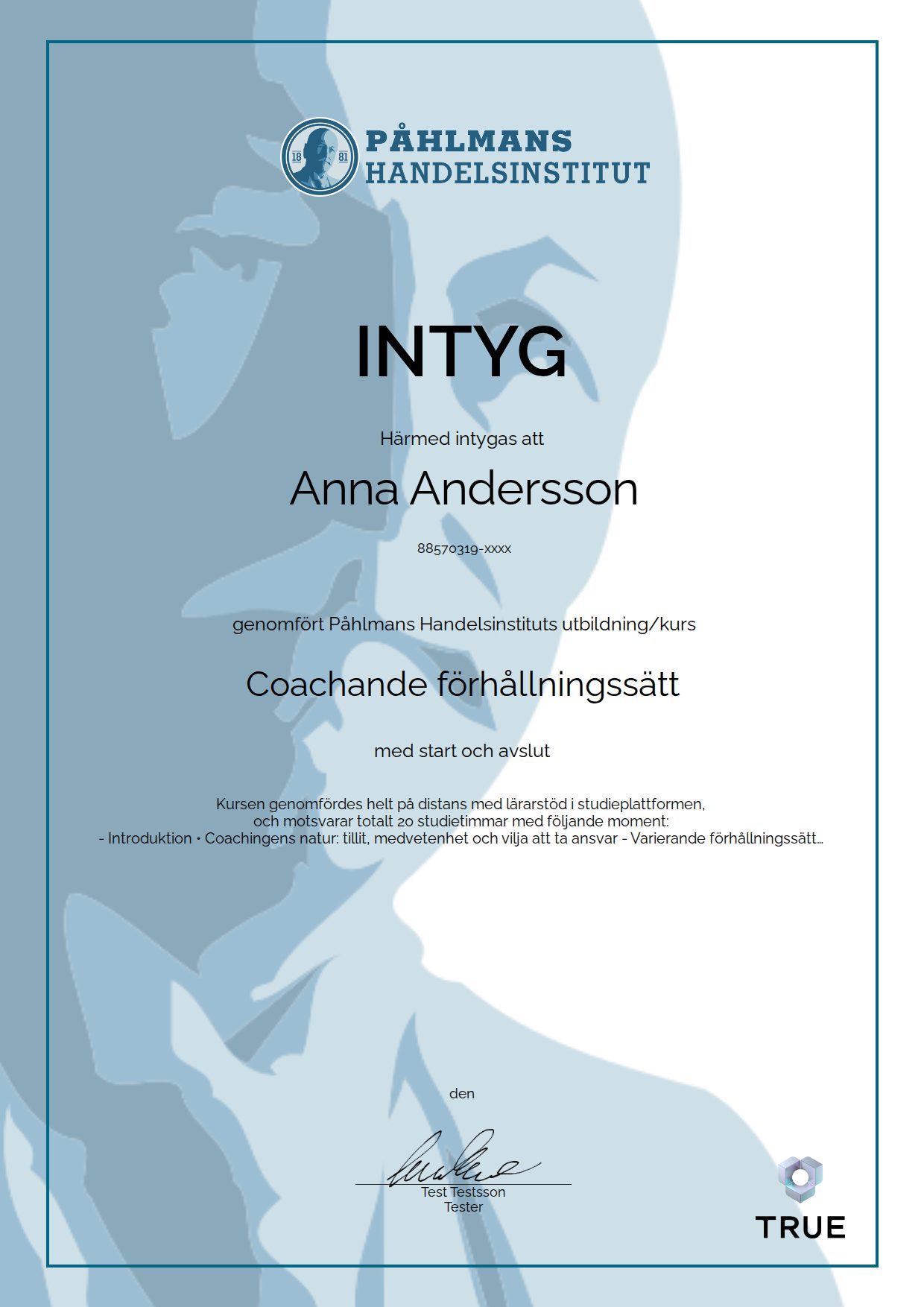 Exempel: diplom för Coachande förhållningssätt från Medborgarskolan- Påhlmans