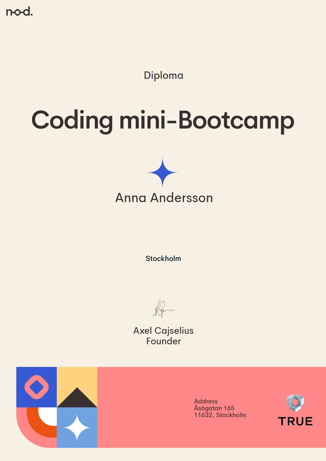 Exempel: diplom för Coding mini-Bootcamp från NodCoding