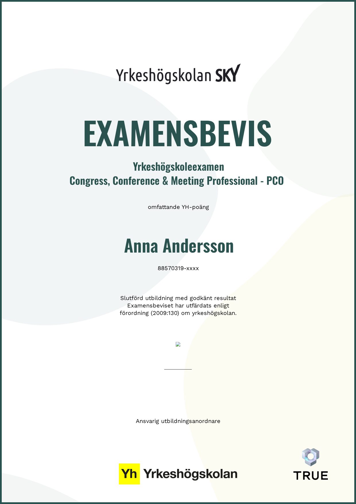 Example certificate for Congress, Conference & Meeting Professional - PCO from Yrkeshögskolan SKY