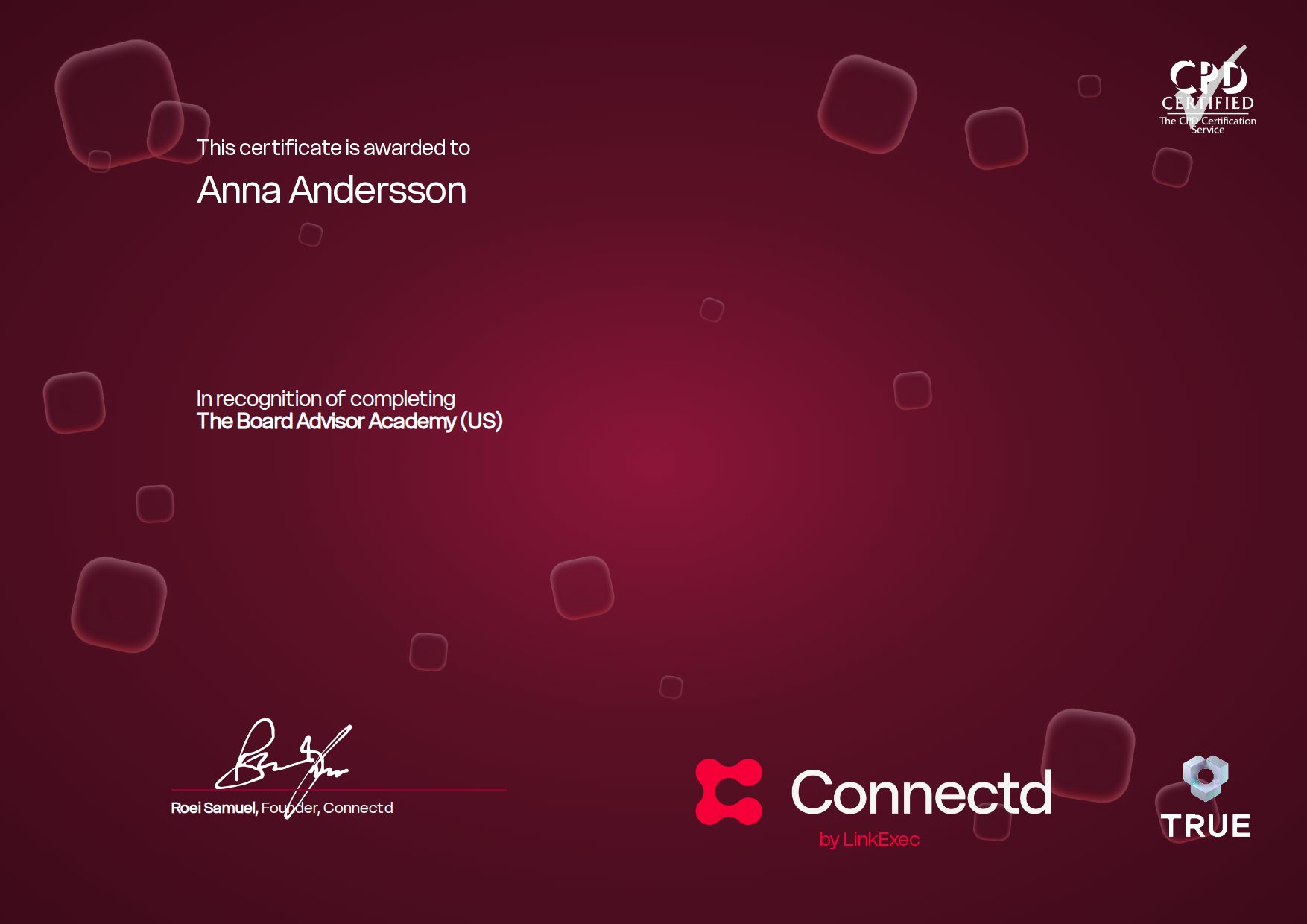 Example certificate for Connectd Board Advisory Course US from Connectd - LinkExec