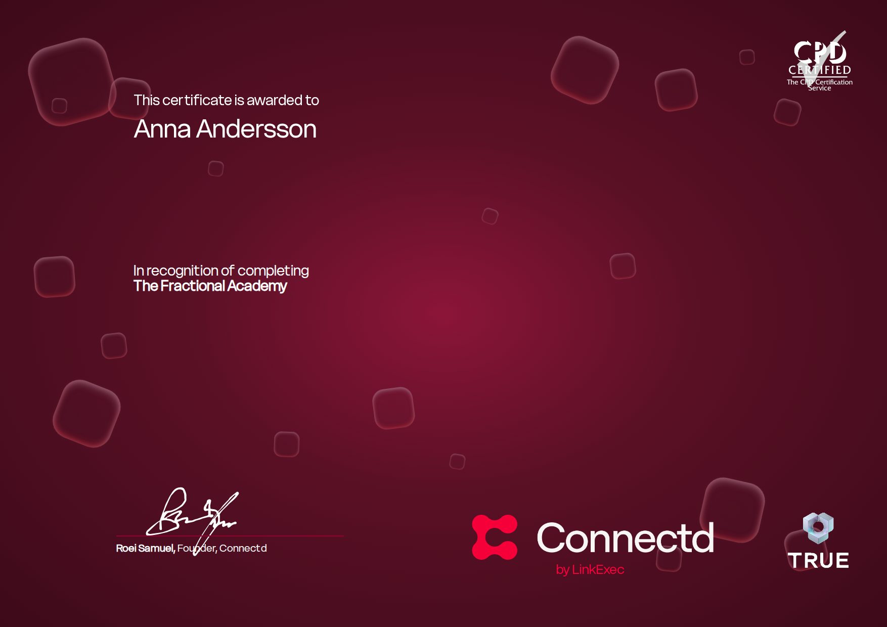 Exempel: diplom för Connectd Fractional Course från Connectd - LinkExec