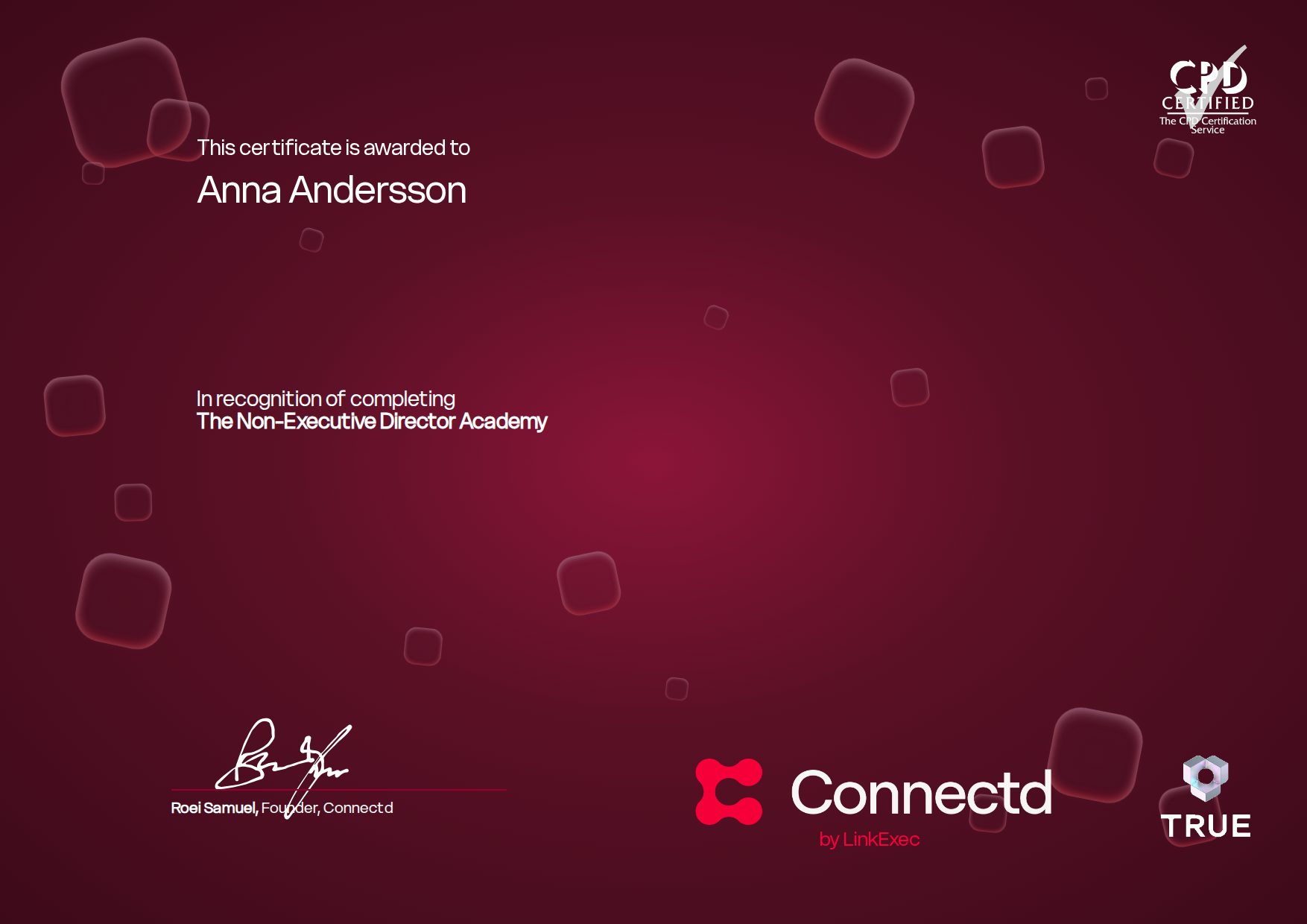 Exempel: diplom för Connectd NED Course från Connectd - LinkExec