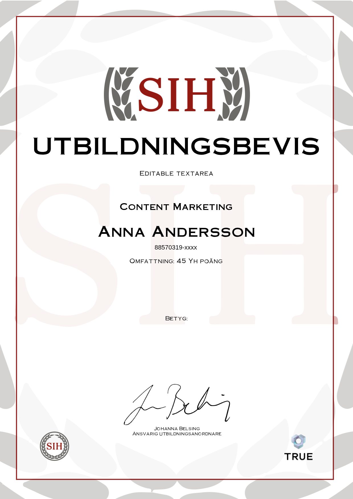 Exempel: diplom för Content Marketing från SIH - Stockholms Internationella Handelsskola