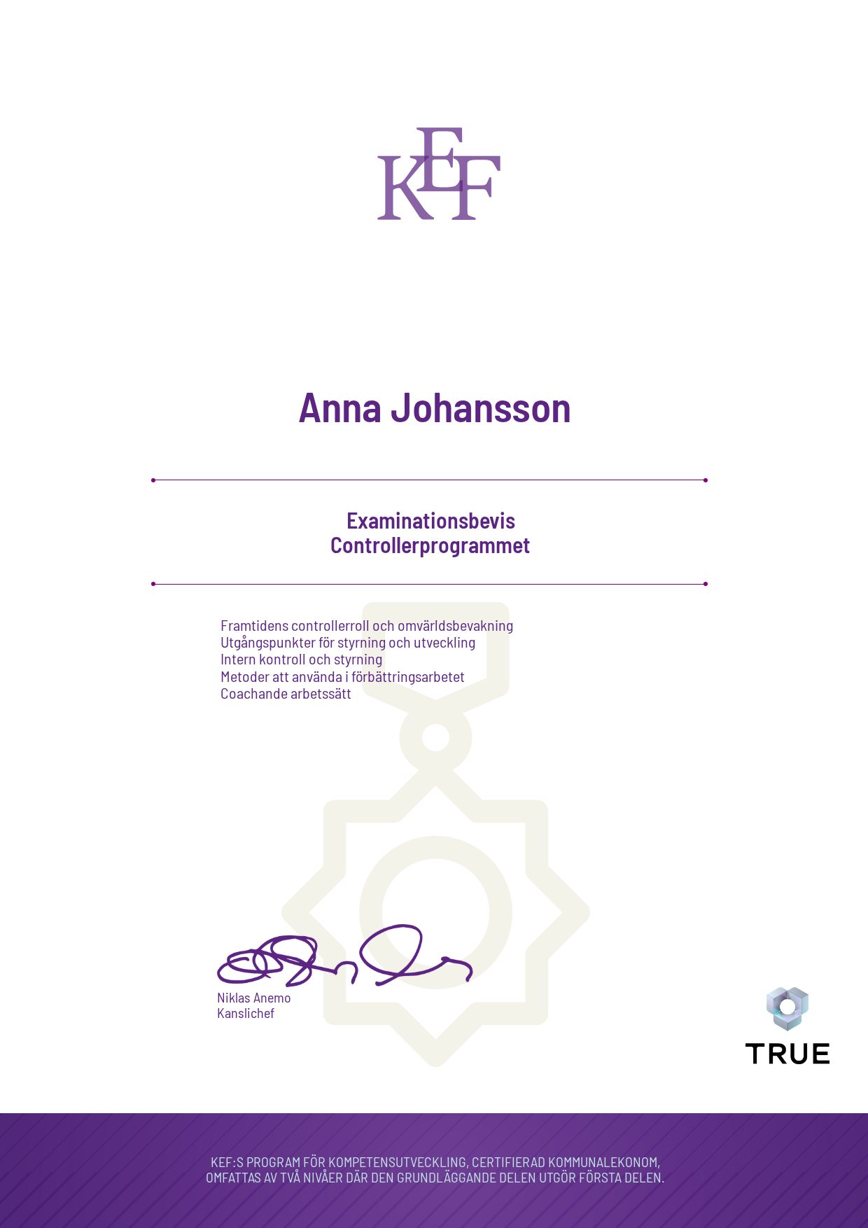 Exempel: diplom för Controllerprogrammet från KEF - Kommualekonomernas förening