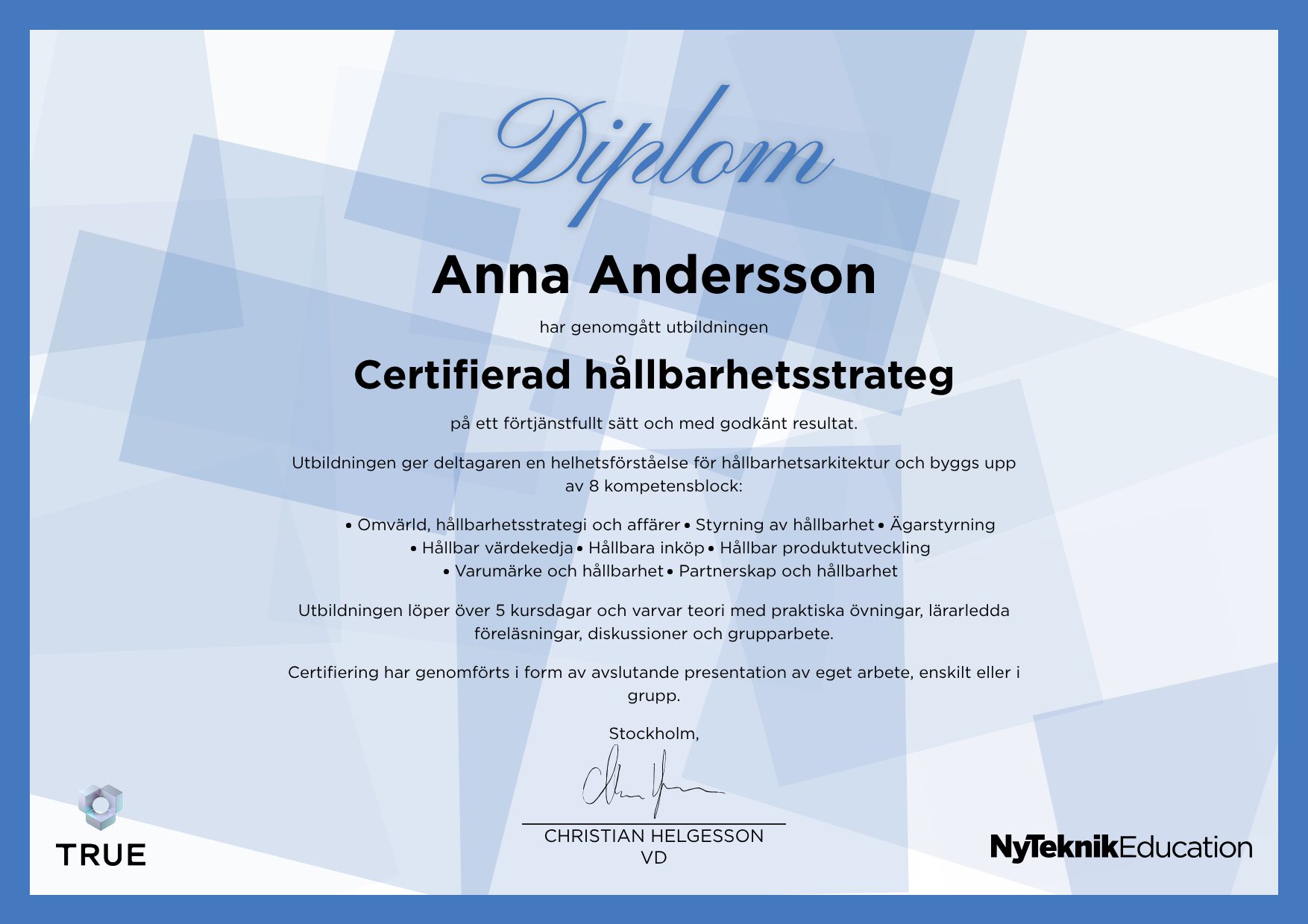 Exempel: diplom för Corporate Sustainability Due Diligence (CSDD) från Ny Teknik Education