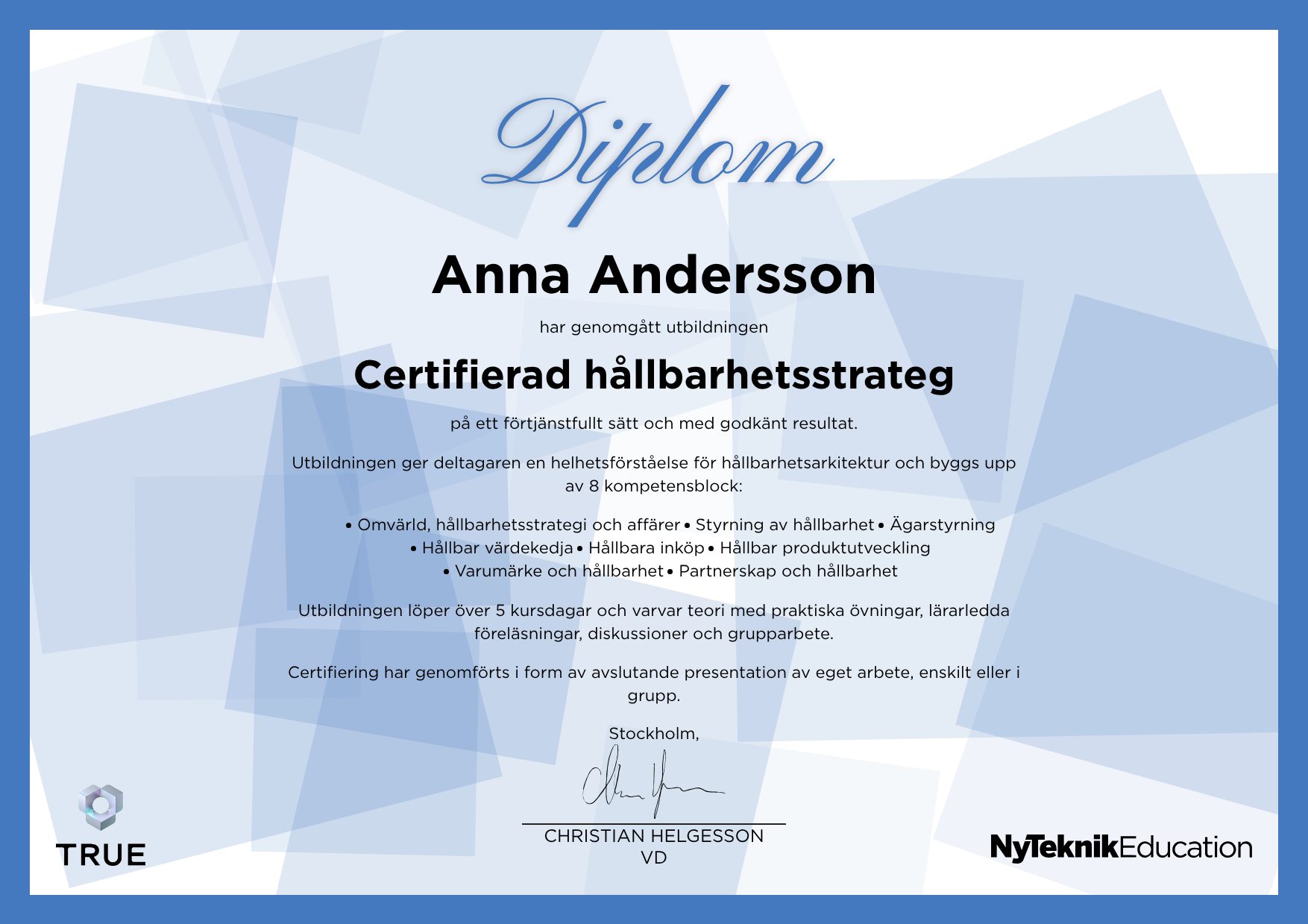 Exempel: diplom för Critical Entities Resilience Directive från Ny Teknik Education
