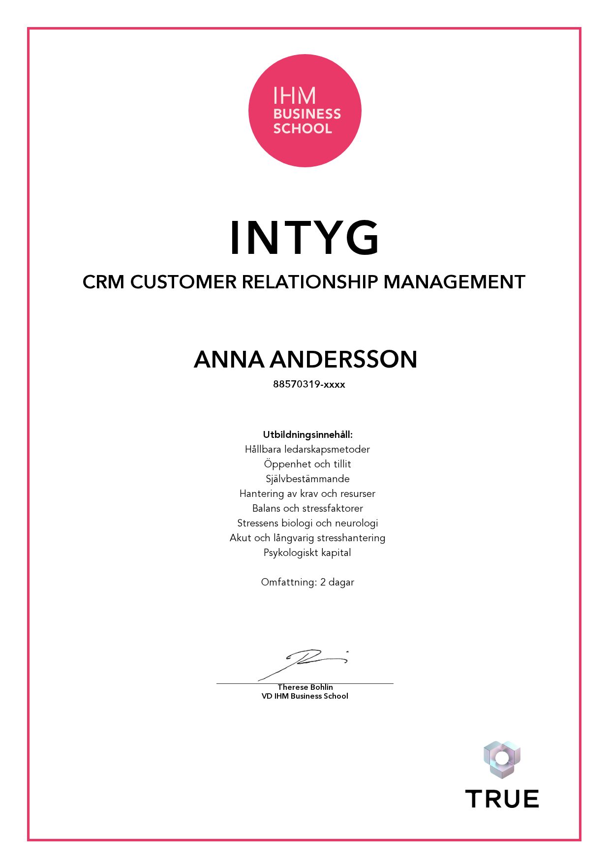 Exempel: diplom för CRM Customer Relationship Management från IHM Business School