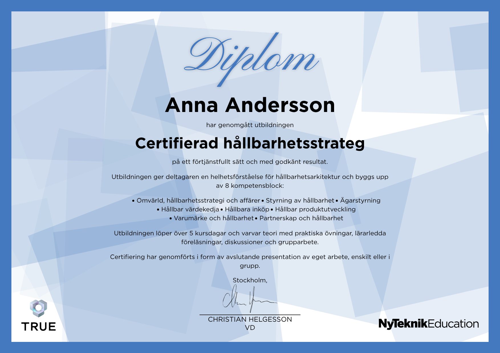 Example certificate for CSRD from Ny Teknik Education