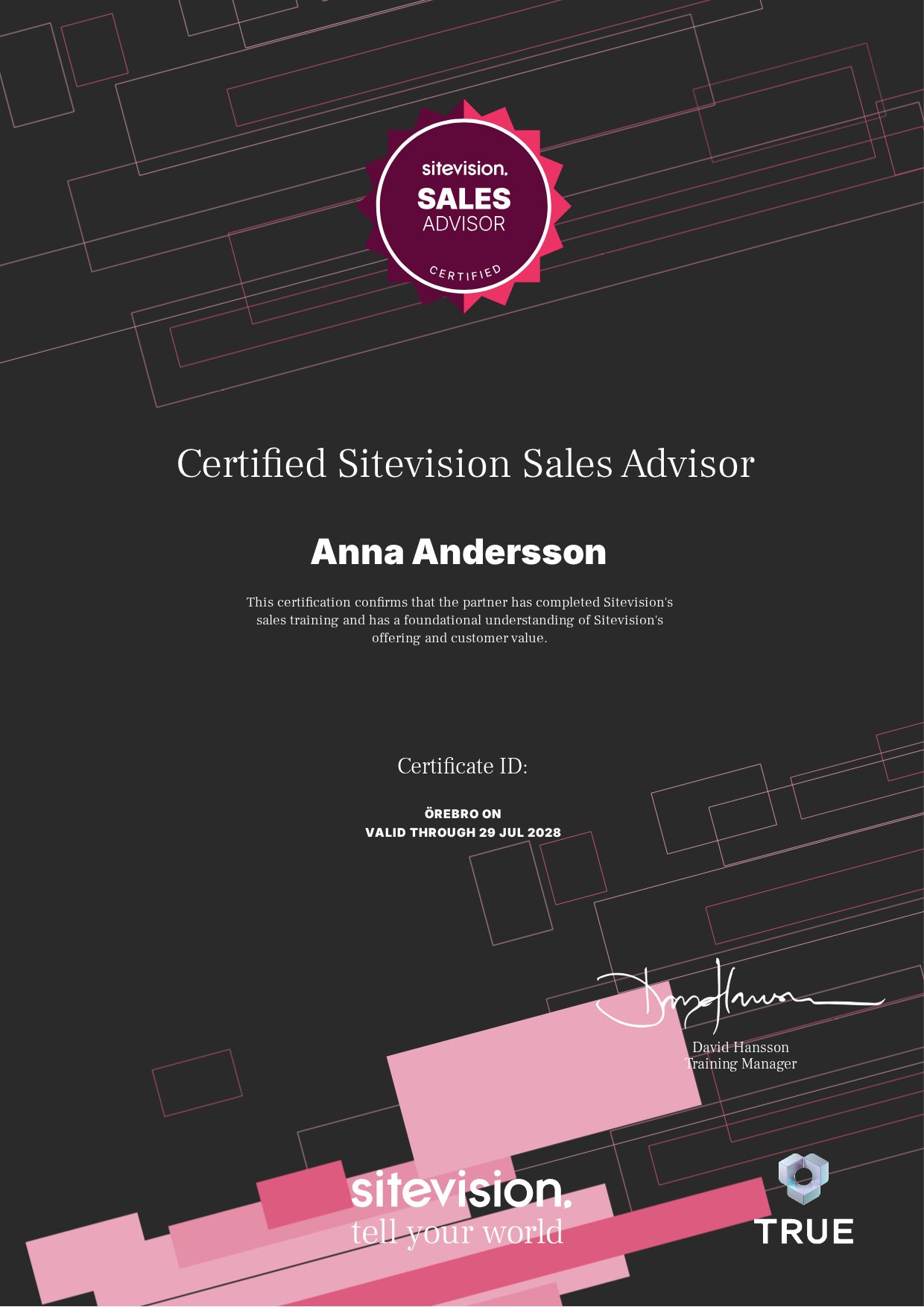 Exempel: diplom för Certified Sitevision Sales Advisor från Sitevision
