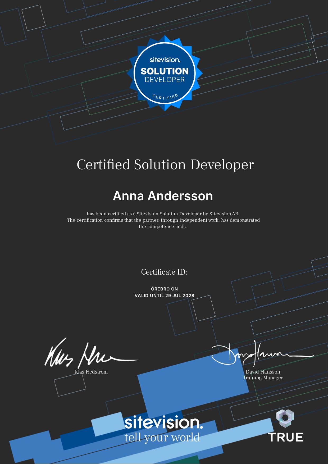 Example certificate for Certified Solution Developer from Sitevision