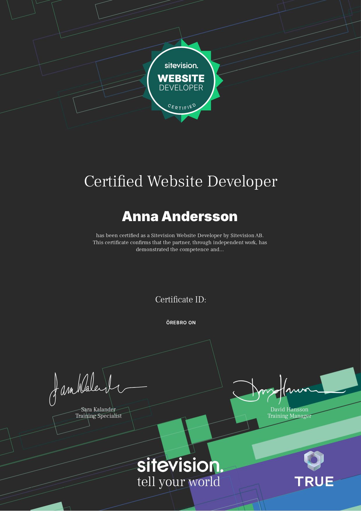 Example certificate for Certified Website Developer from Sitevision
