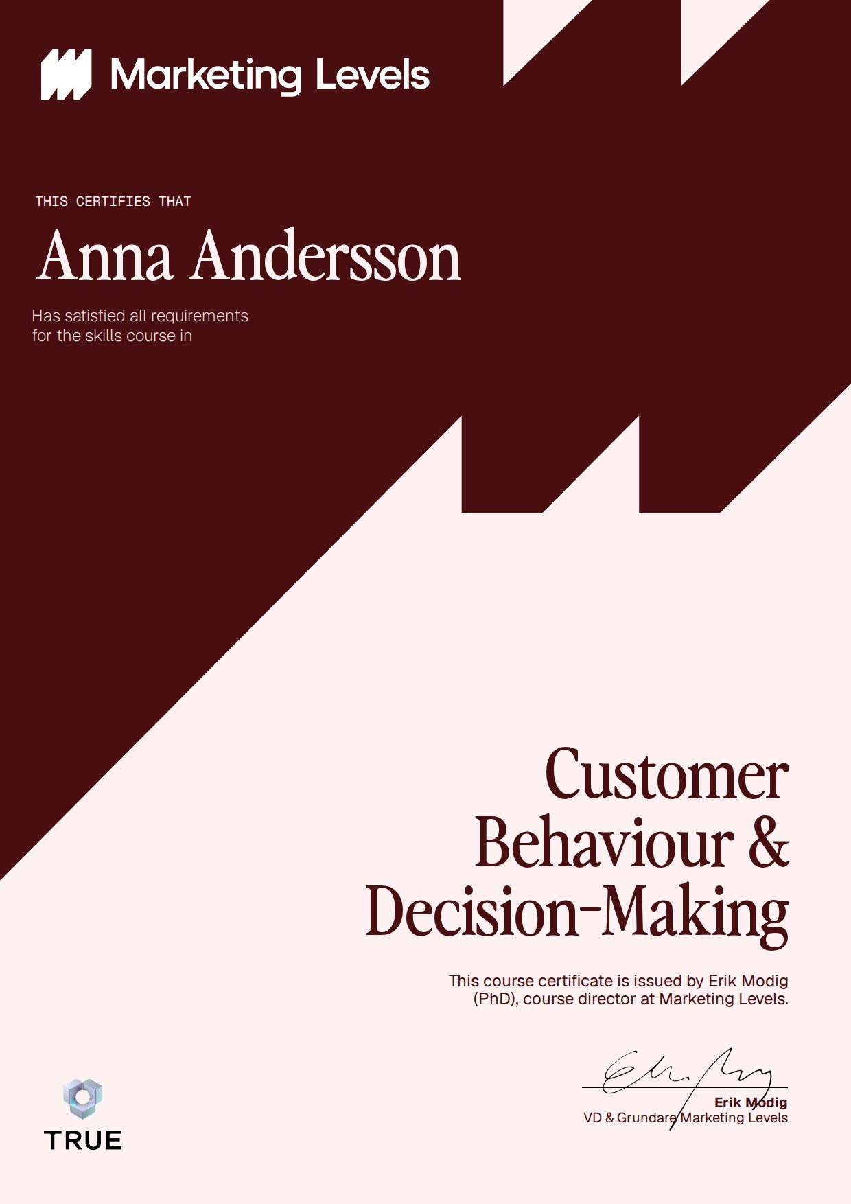 Exempel: diplom för Customer Behaviour & Decision-Making från Marketing Levels Sweden AB