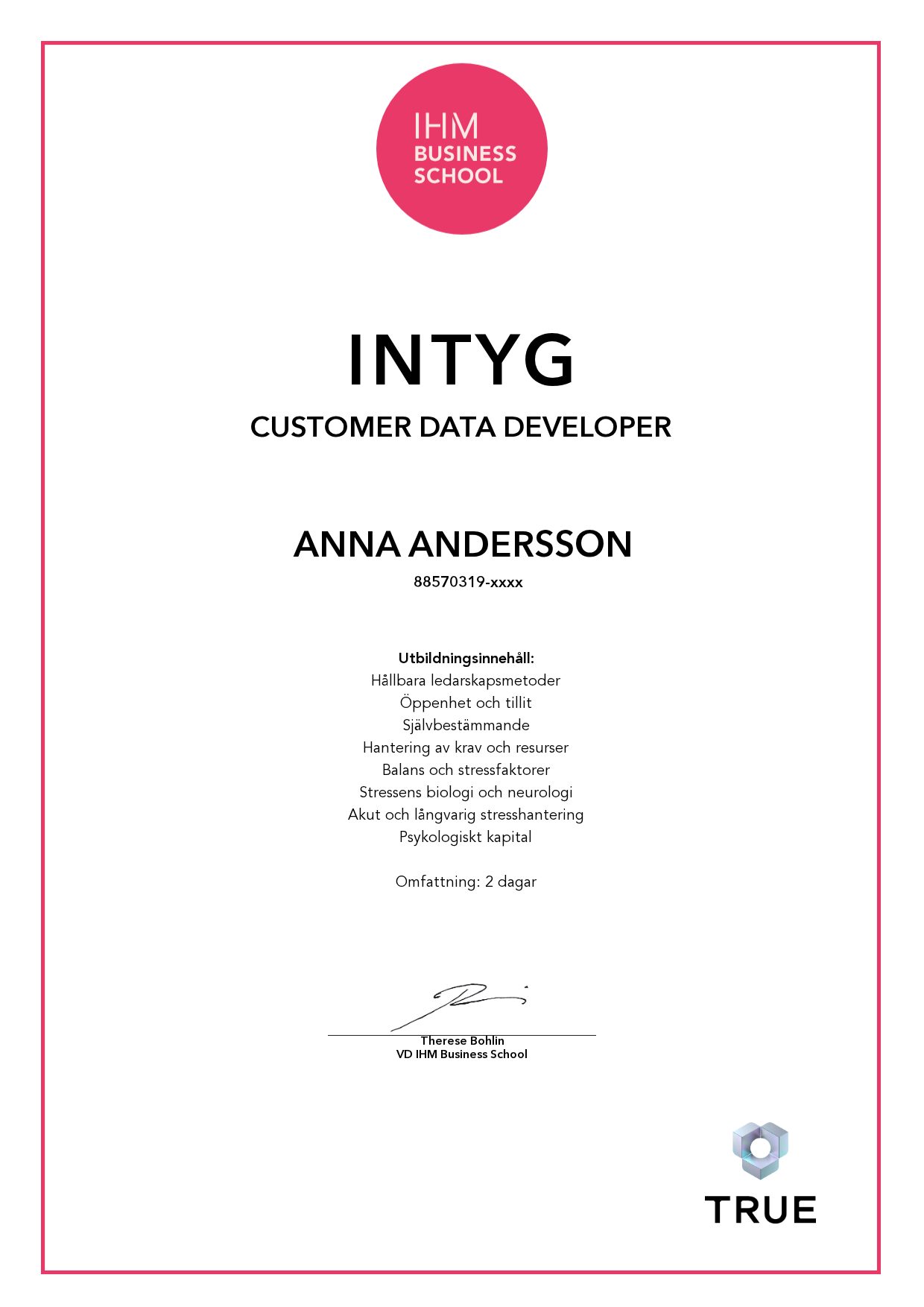 Exempel: diplom för Customer Data Developer från IHM Business School
