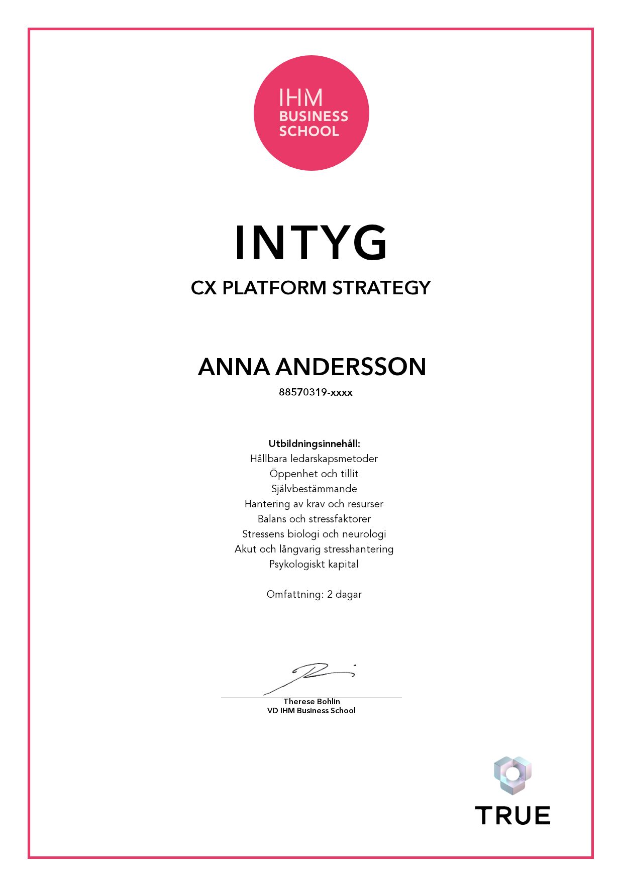 Exempel: diplom för CX Platform Strategy från IHM Business School