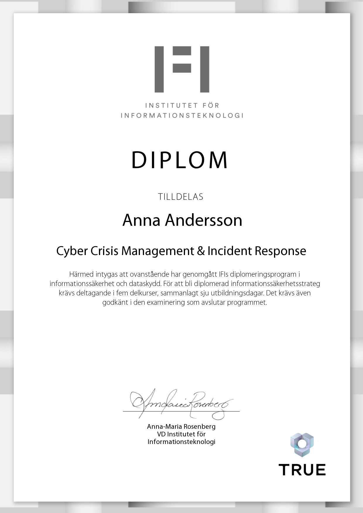 Exempel: diplom för Cyber Crisis Management & Incident Response från IFI AB