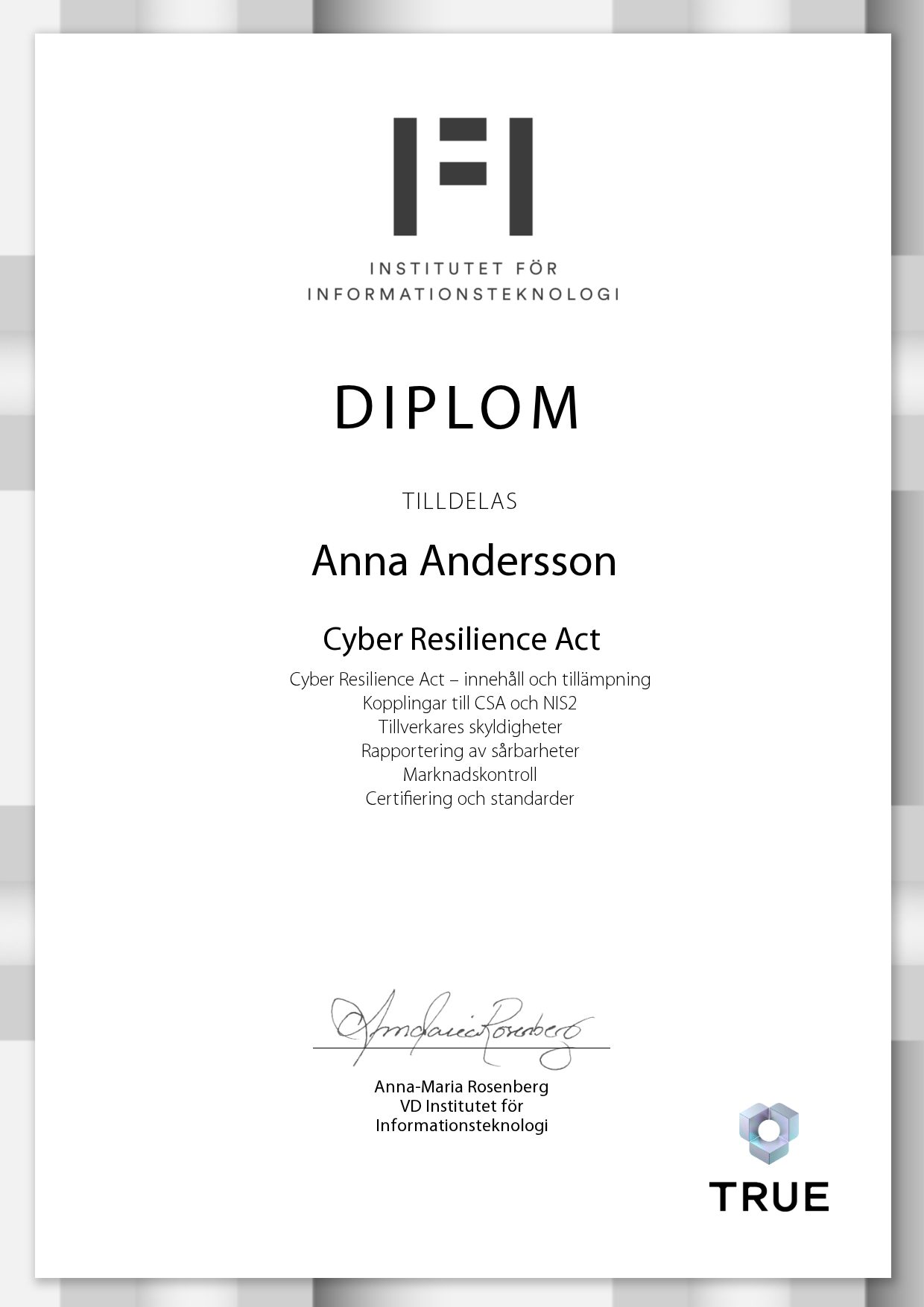 Exempel: diplom för Cyber Resilience Act från IFI AB