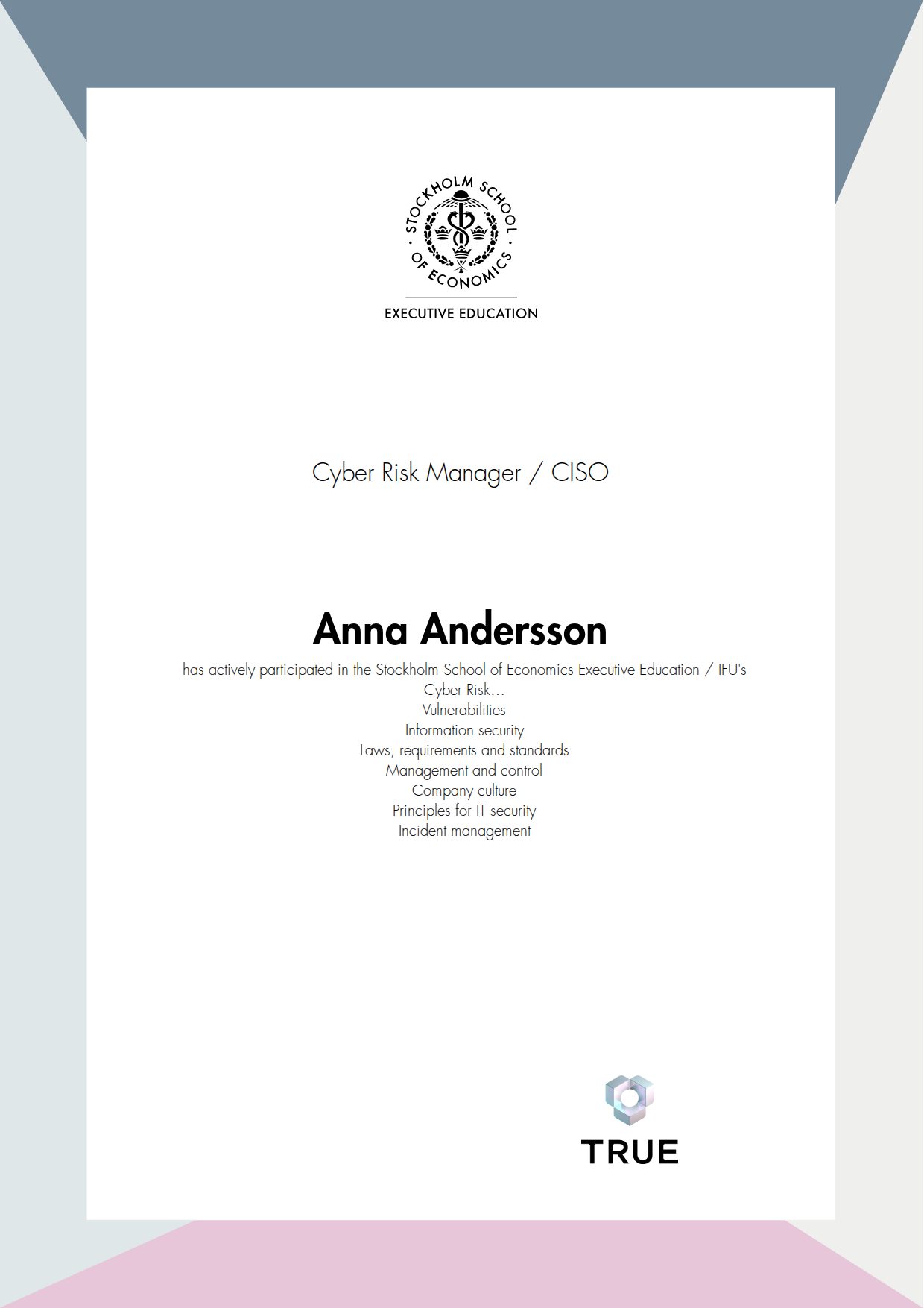 Example certificate for Cyber Risk Manager / CISO from SSE - Handelshögskolan Executive Education