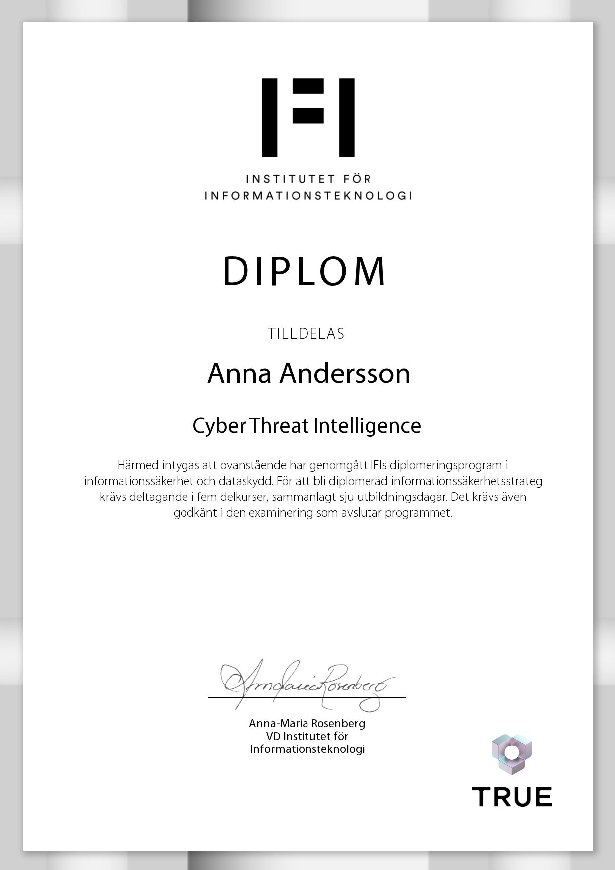 Exempel: diplom för Cyber Threat Intelligence från IFI AB