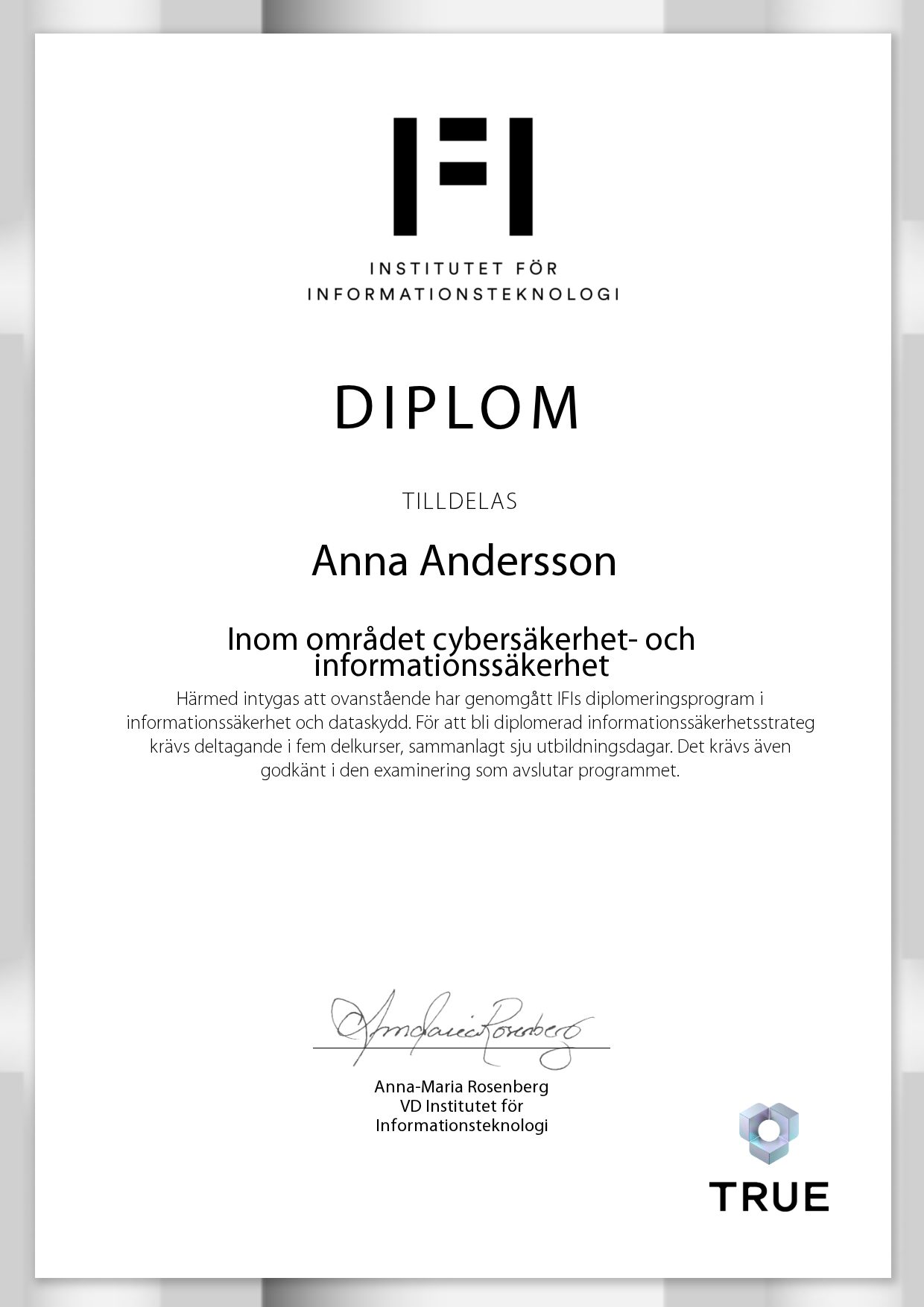 Example certificate for Inom området cybersäkerhet- och informationssäkerhet from IFI AB