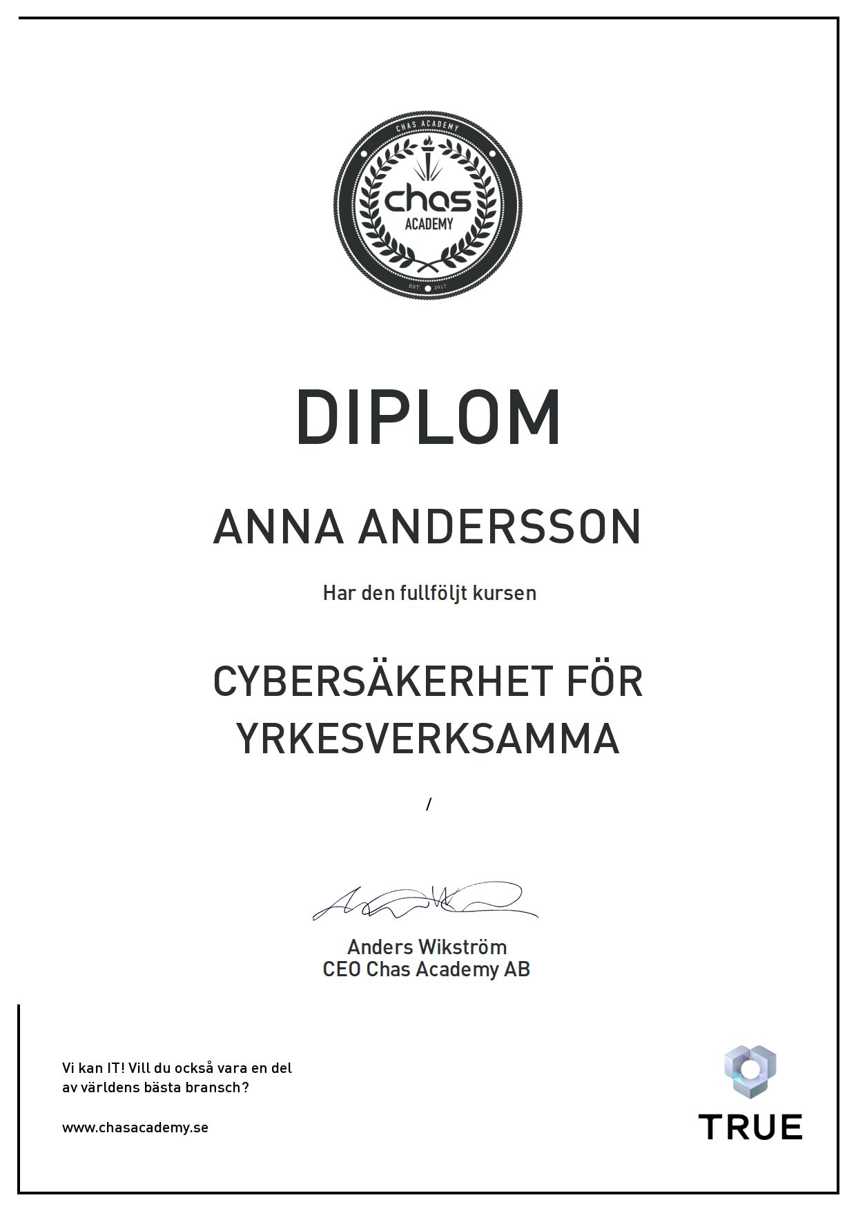 Exempel: diplom för Cybersäkerhet för yrkesverksamma från Chas Academy AB