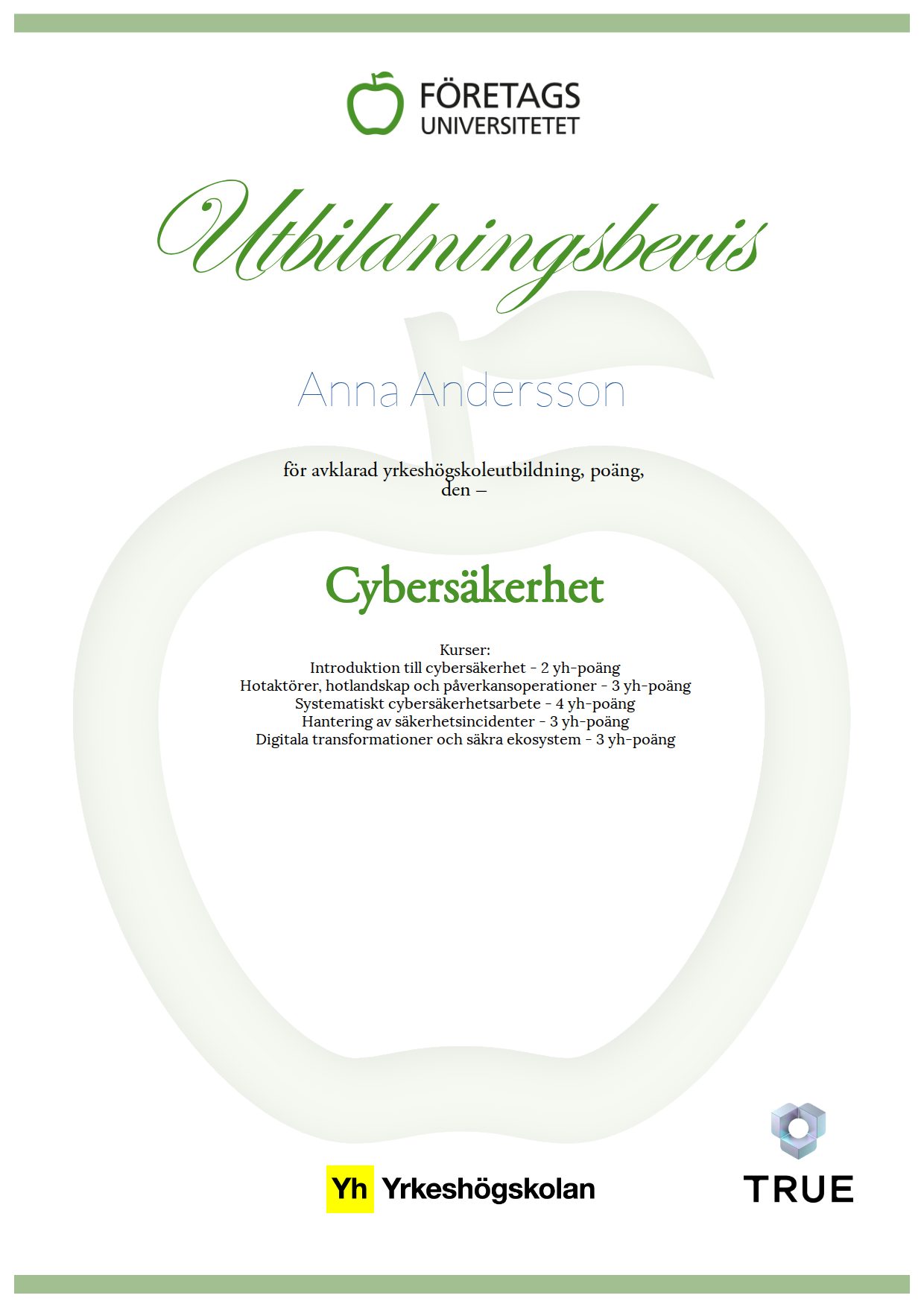Exempel: diplom för Cybersäkerhet från Företagsuniversitetet YH