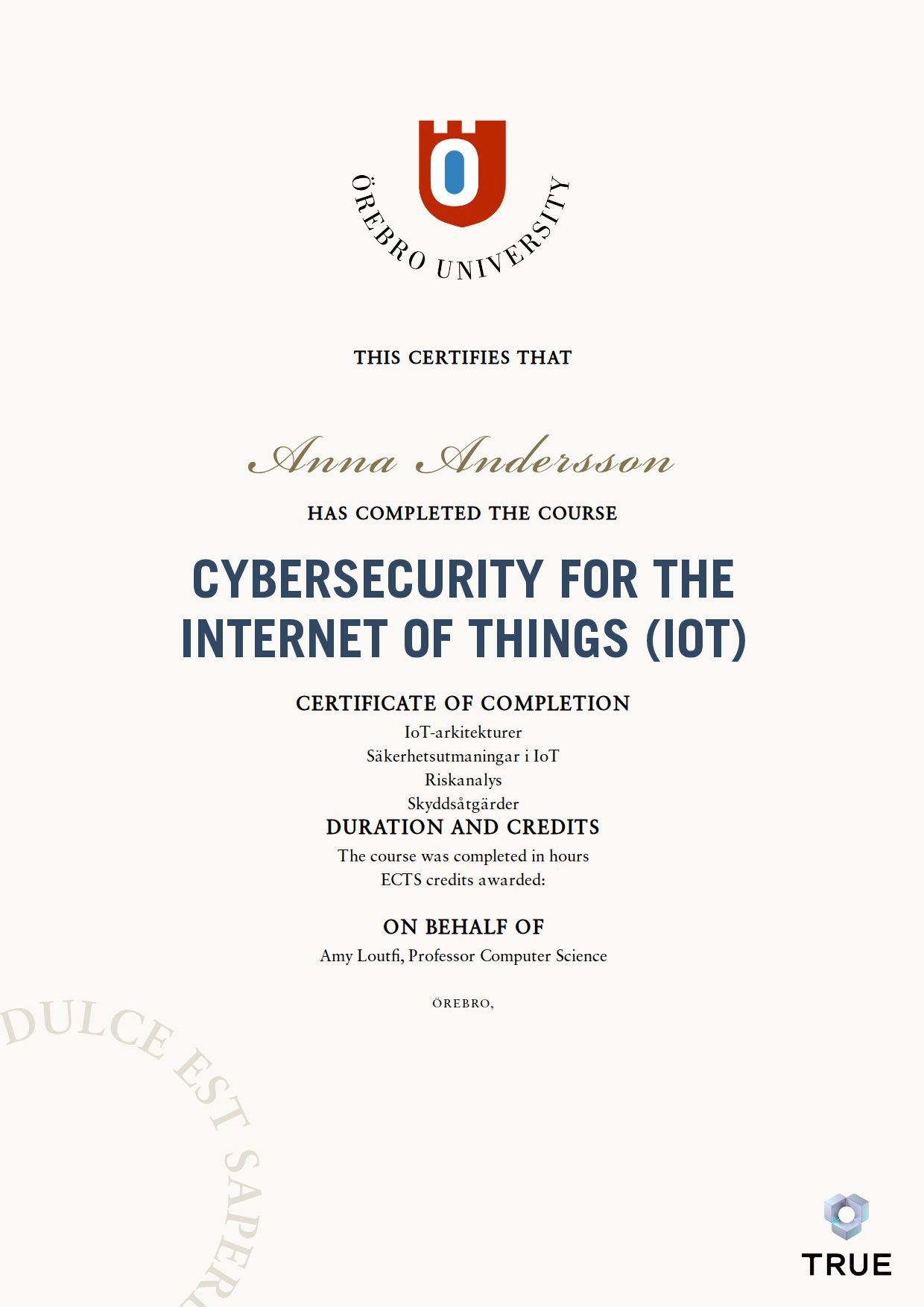 Exempel: diplom för Cybersecurity for the Internet of Things (IoT) från Örebro universitet