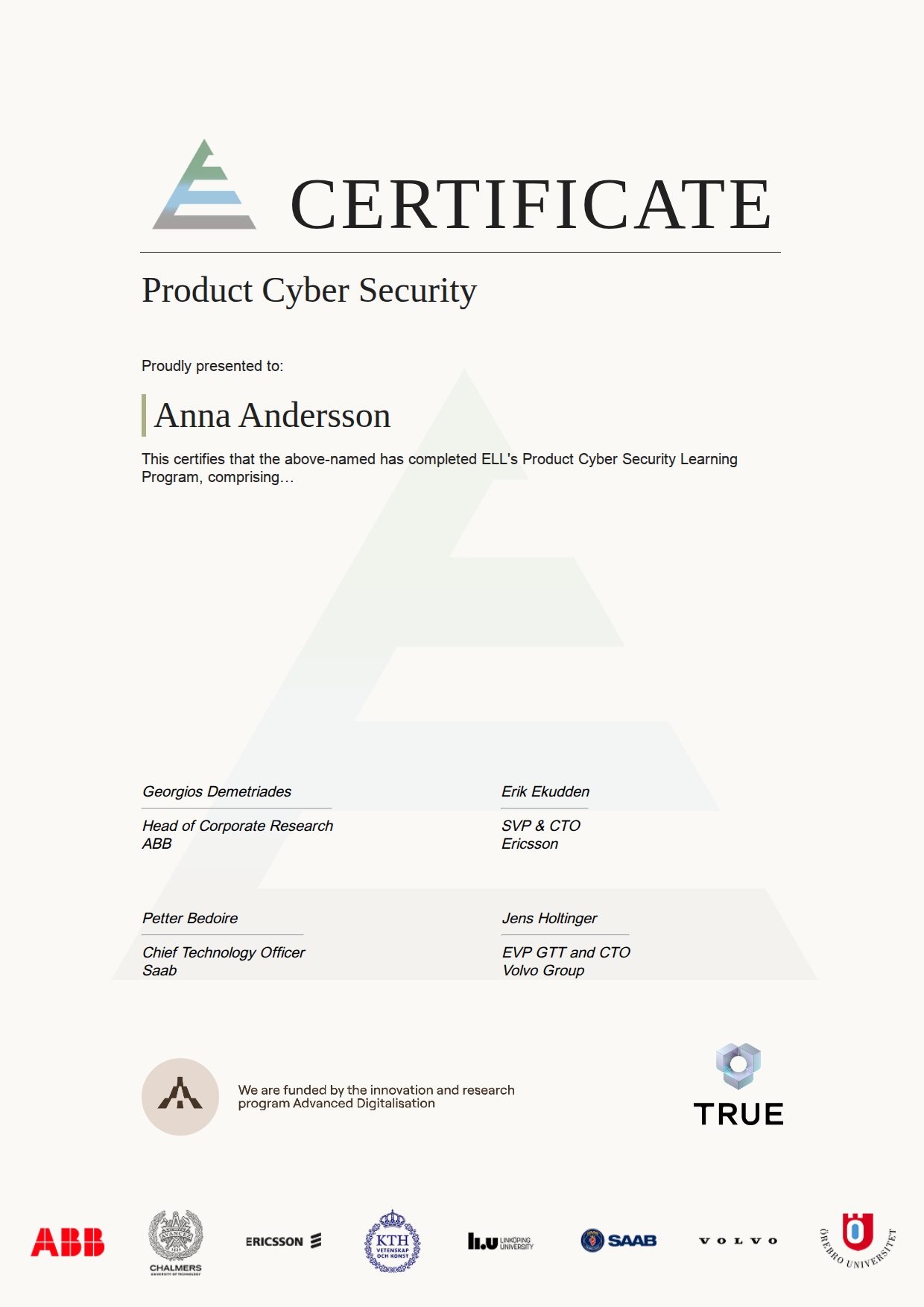 Exempel: diplom för Product Cyber Security från Expert Learning Lab