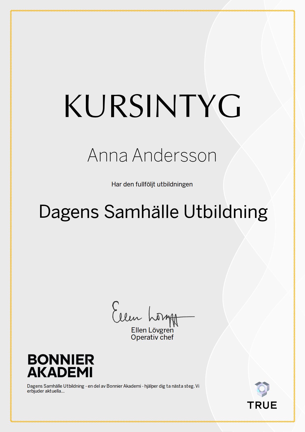 Exempel: diplom för Dagens Samhälle Utbildning från Bonnier Akademi