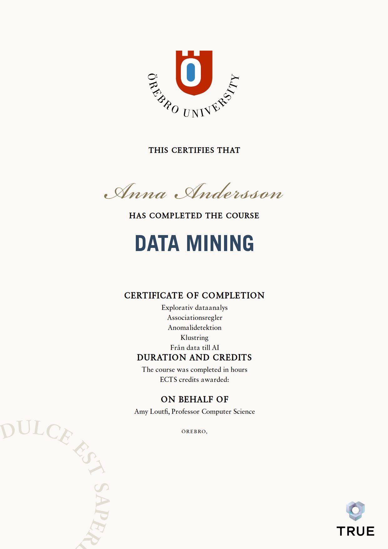 Exempel: diplom för Data Mining från Örebro universitet