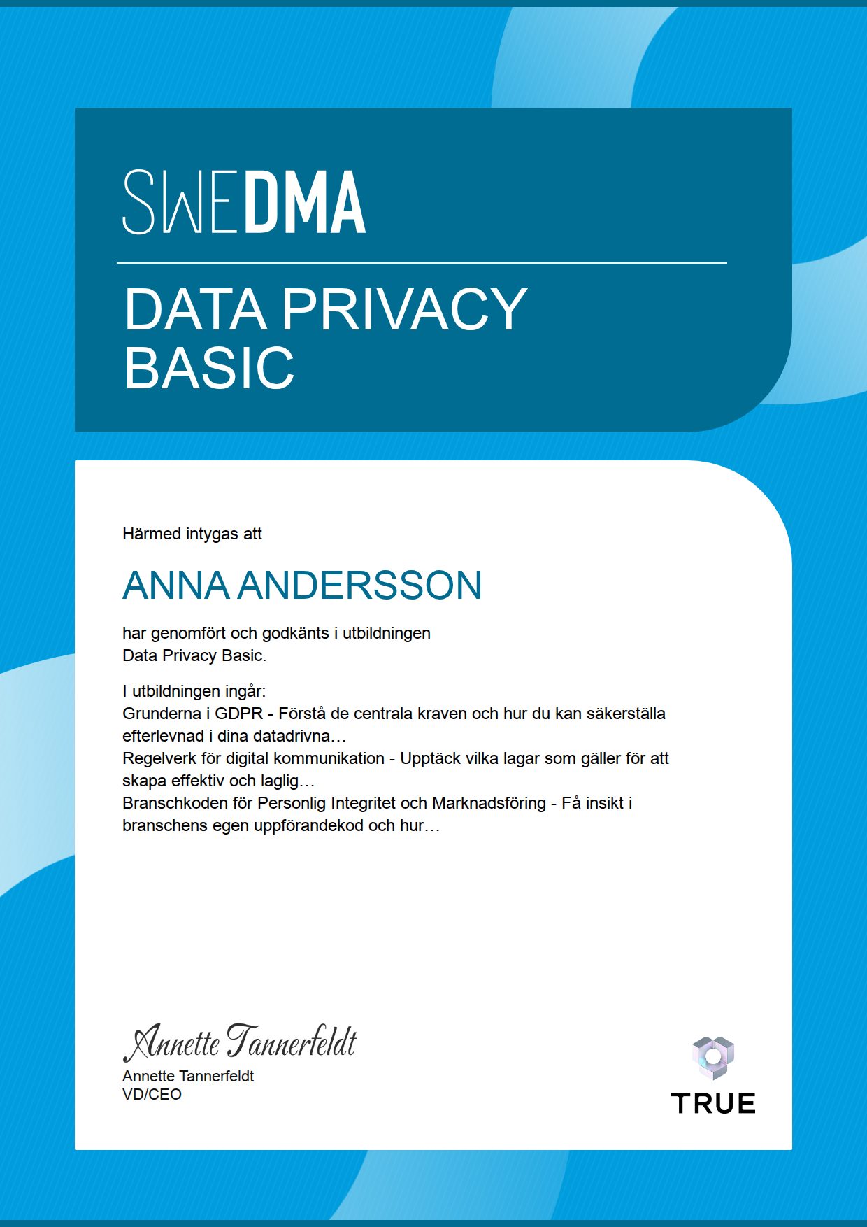 Exempel: diplom för Data Privacy Basic från SWEDMA