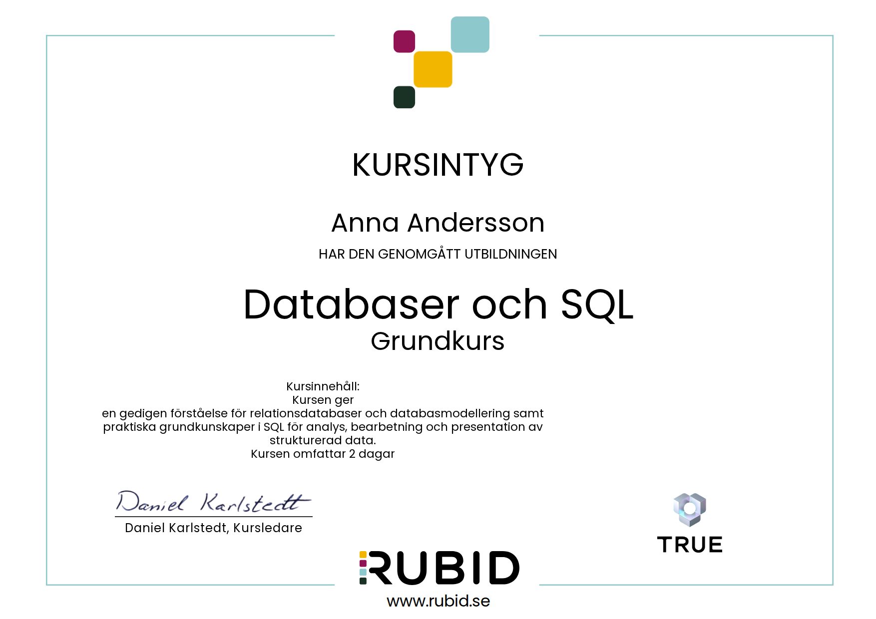 Exempel: diplom för Databaser och SQL från Rubid