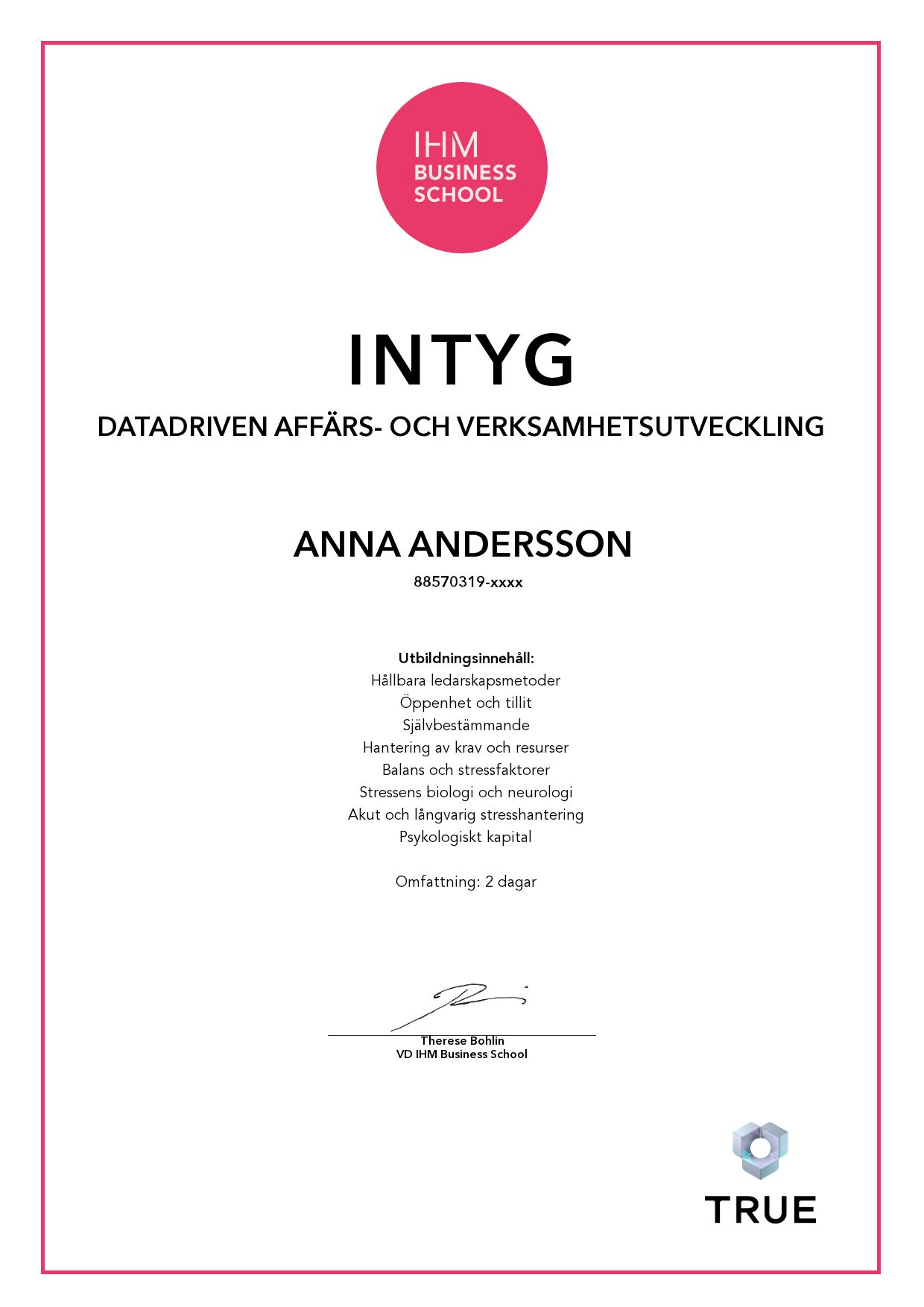 Exempel: diplom för Datadriven affärs- och verksamhetsutveckling från IHM Business School