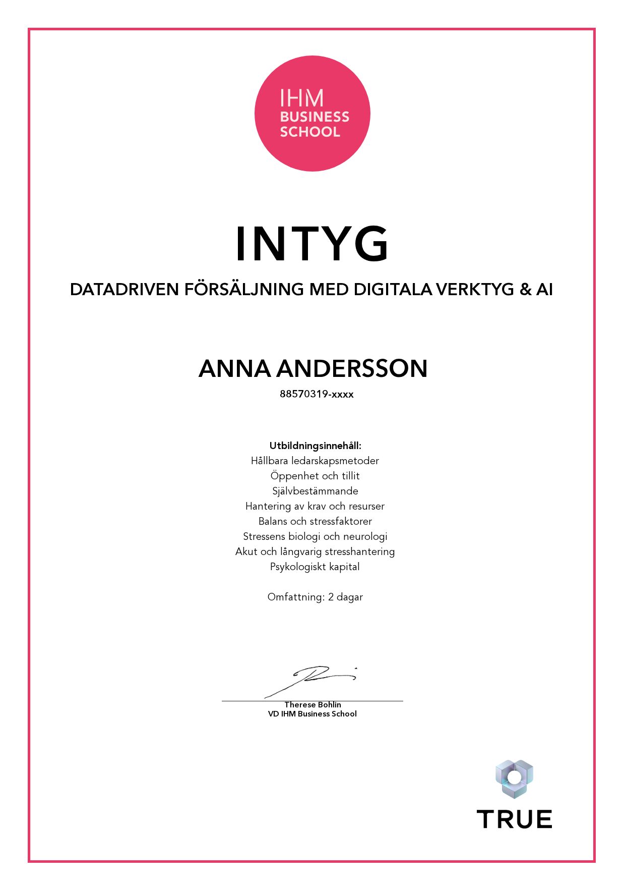 Exempel: diplom för Datadriven försäljning med digitala verktyg & AI från IHM Business School