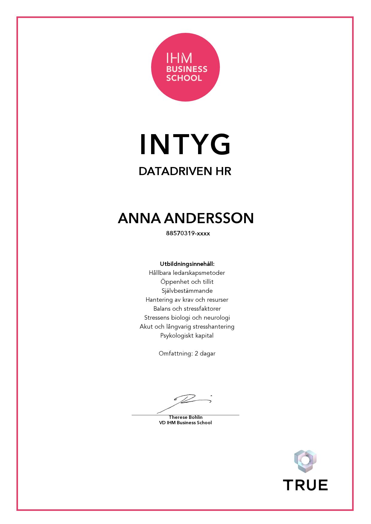 Exempel: diplom för Datadriven HR från IHM Business School