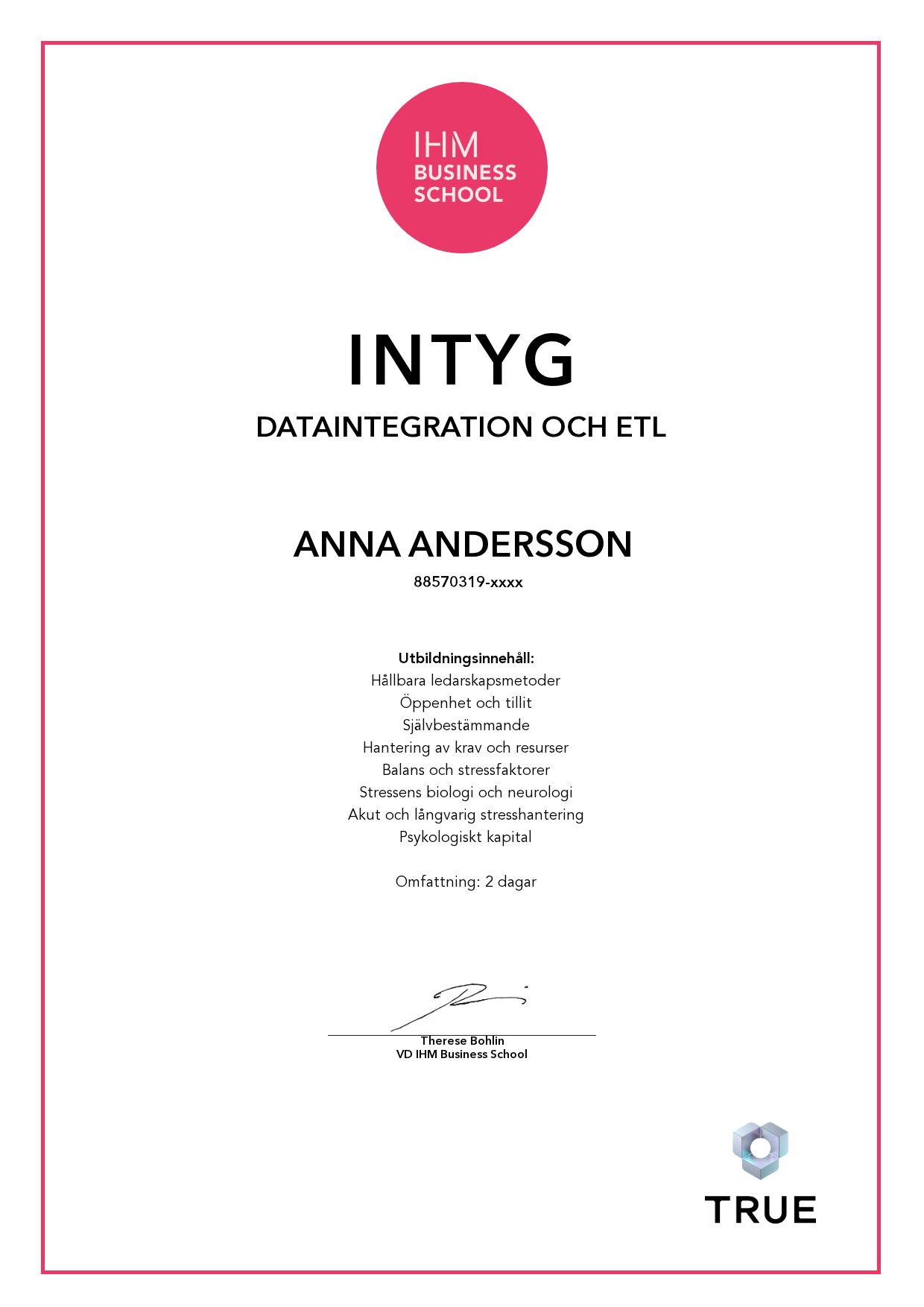 Exempel: diplom för Dataintegration och ETL från IHM Business School