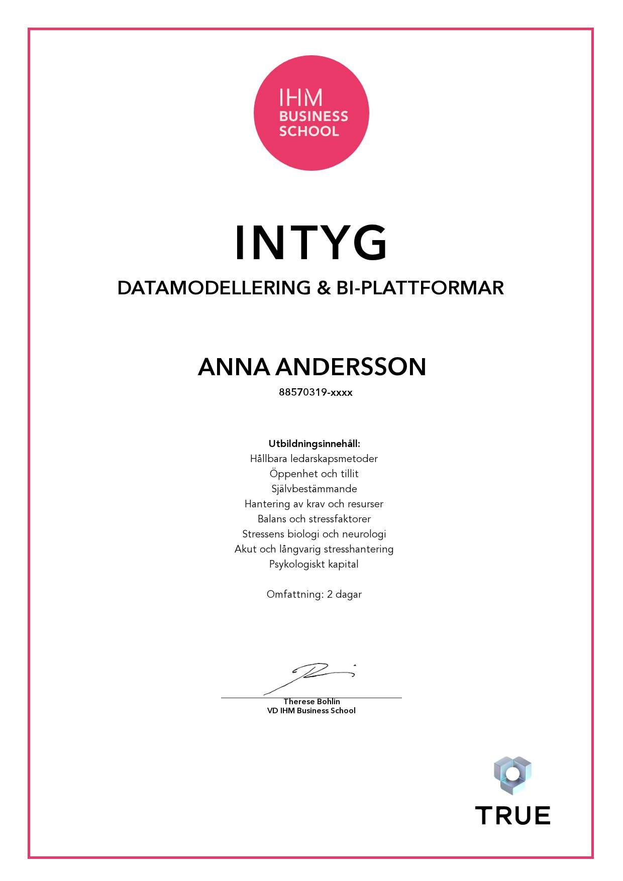 Example certificate for Datamodellering & BI-plattformar from IHM Business School