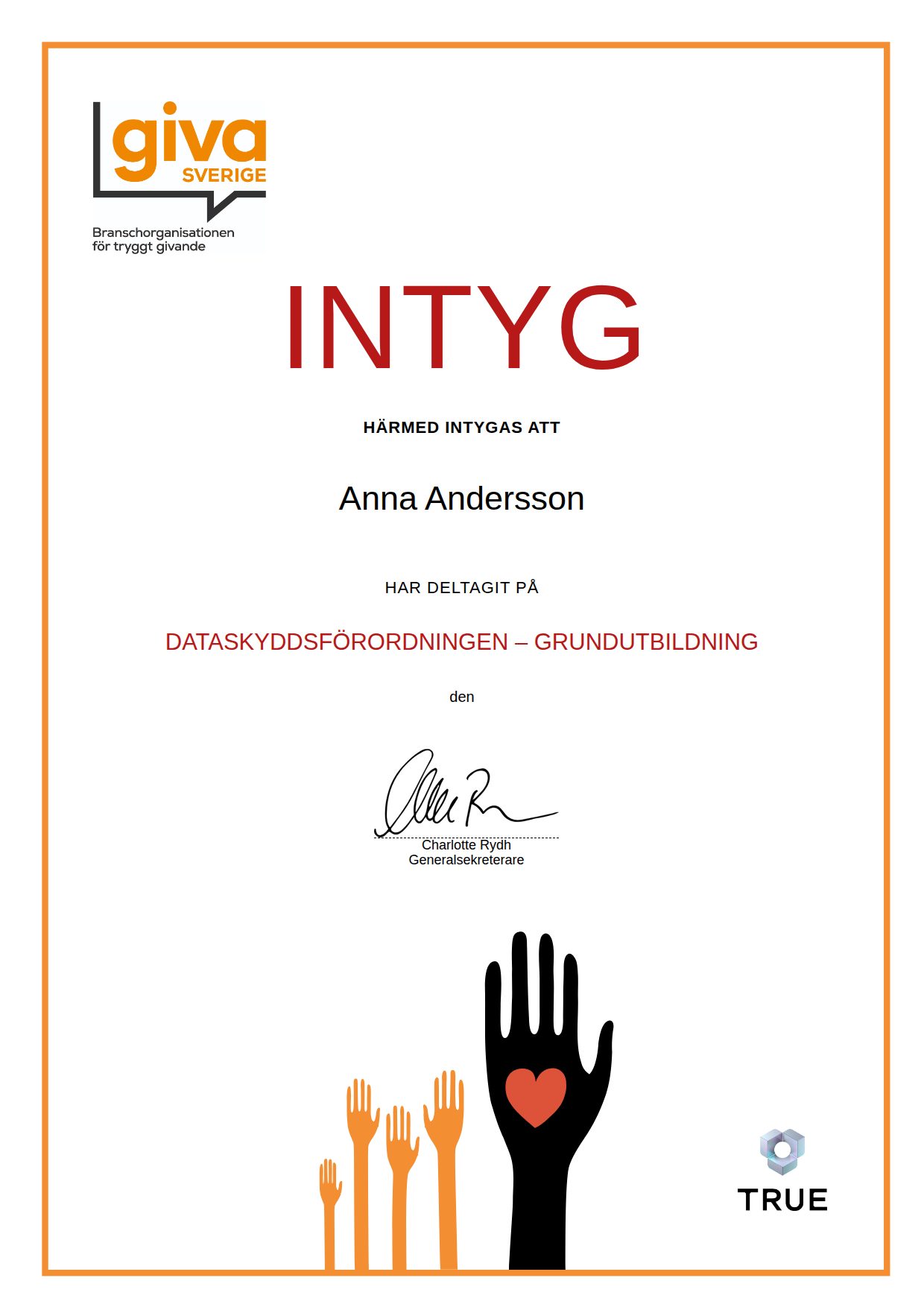 Exempel: diplom för Dataskyddsförordningen – grundutbildning från Giva Sverige