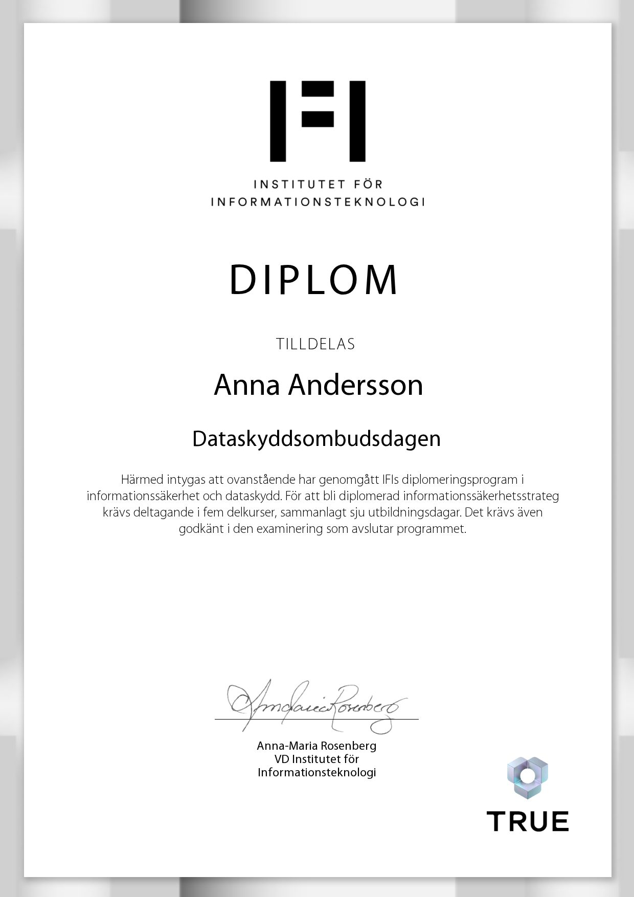Exempel: diplom för Dataskyddsombudsdagen från IFI AB