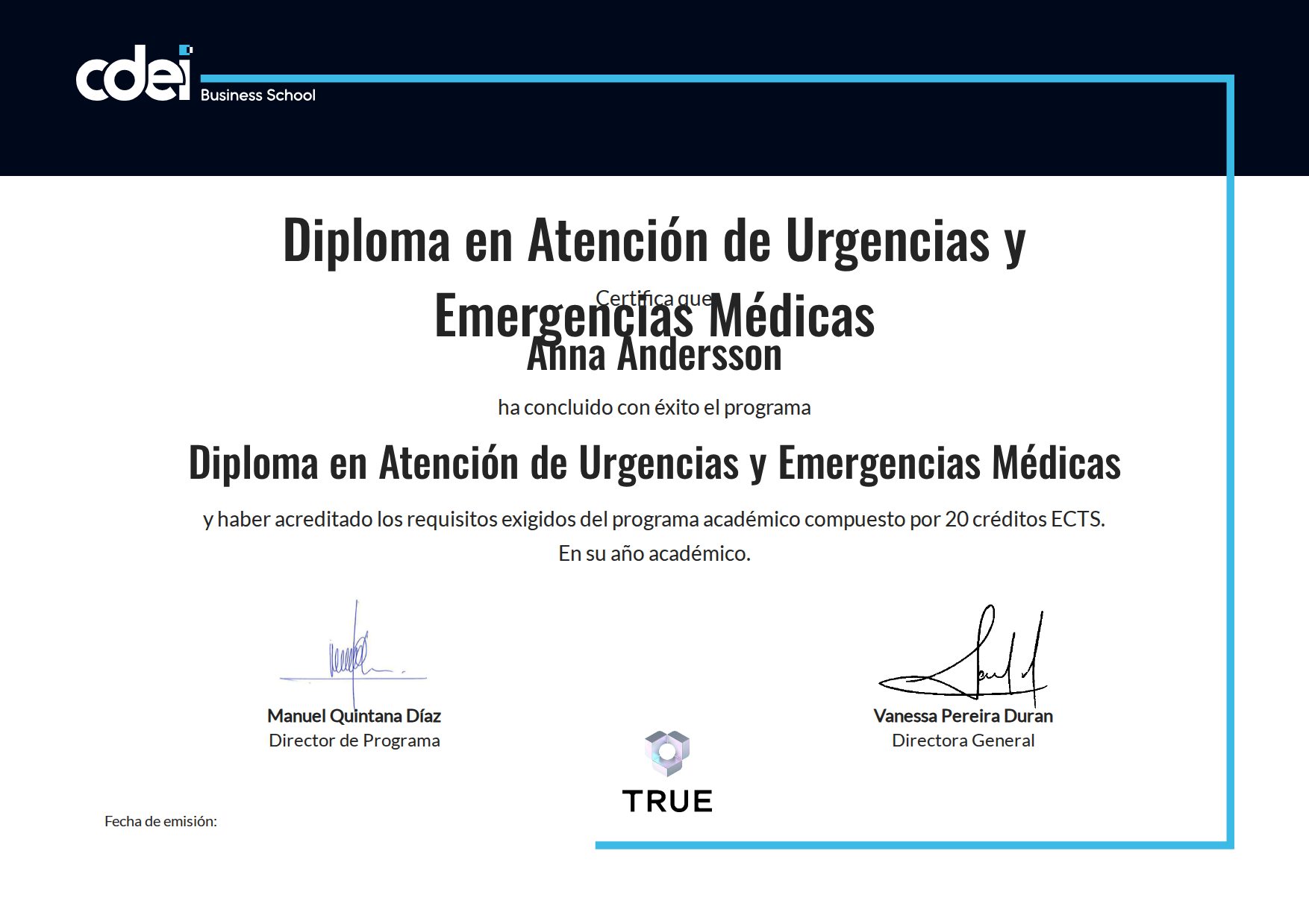 Exempel: diplom för Diploma en Atención de Urgencias y Emergencias Médicas från CDEI Business School