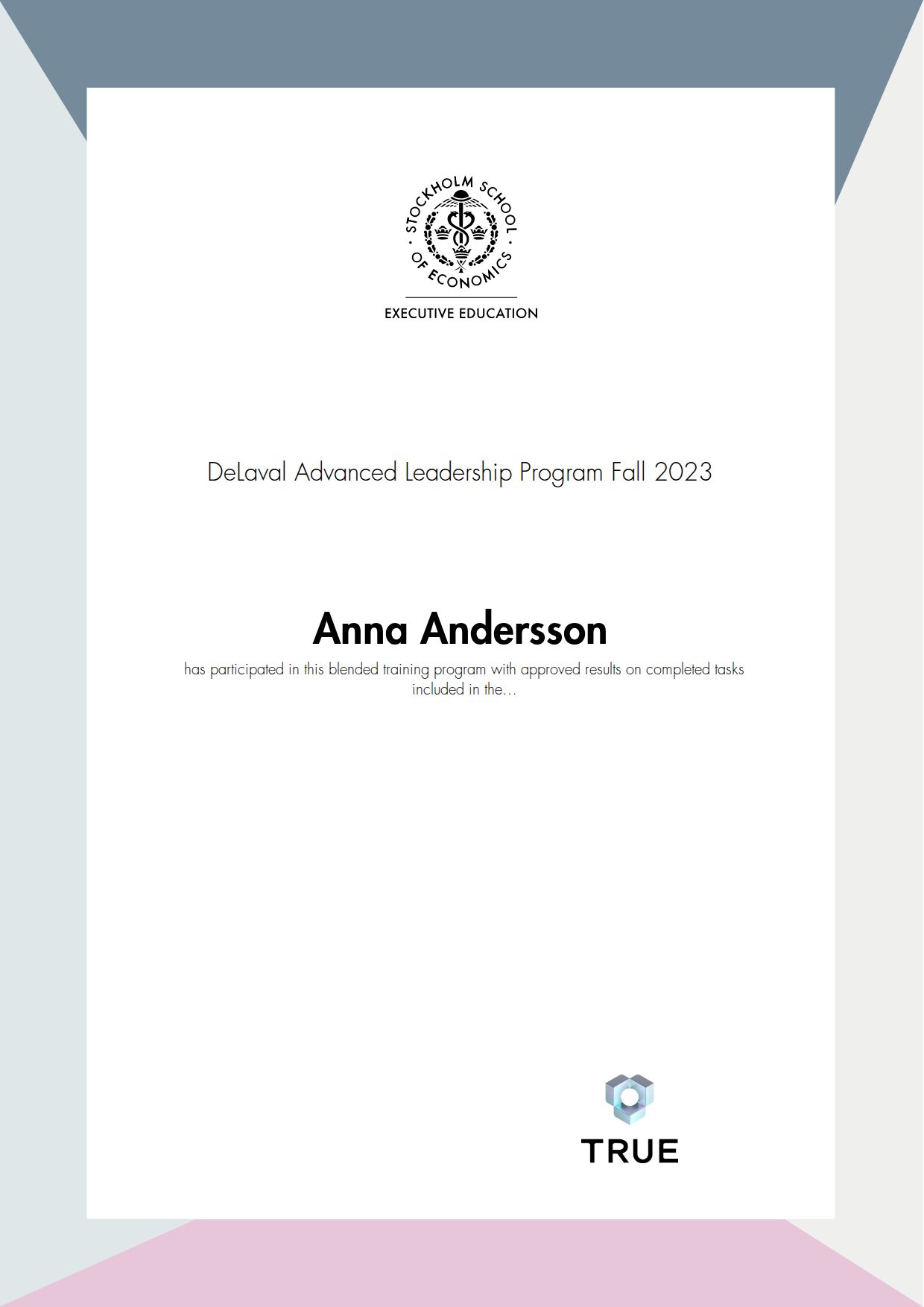 Exempel: diplom för DeLaval Advanced Leadership Program Fall 2023 från SSE - Handelshögskolan Executive Education