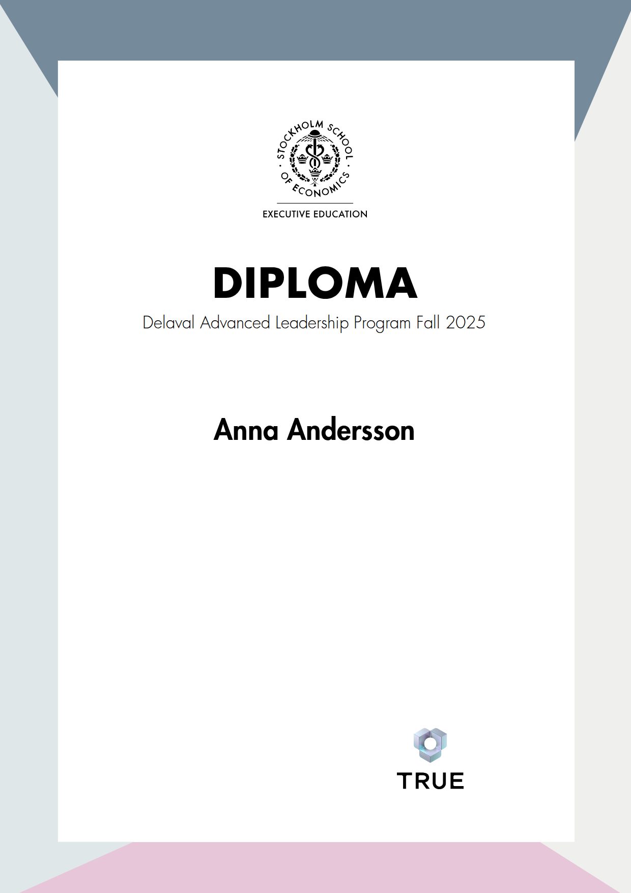 Exempel: diplom för Delaval Advanced Leadership Program Fall 2025 från SSE - Handelshögskolan Executive Education