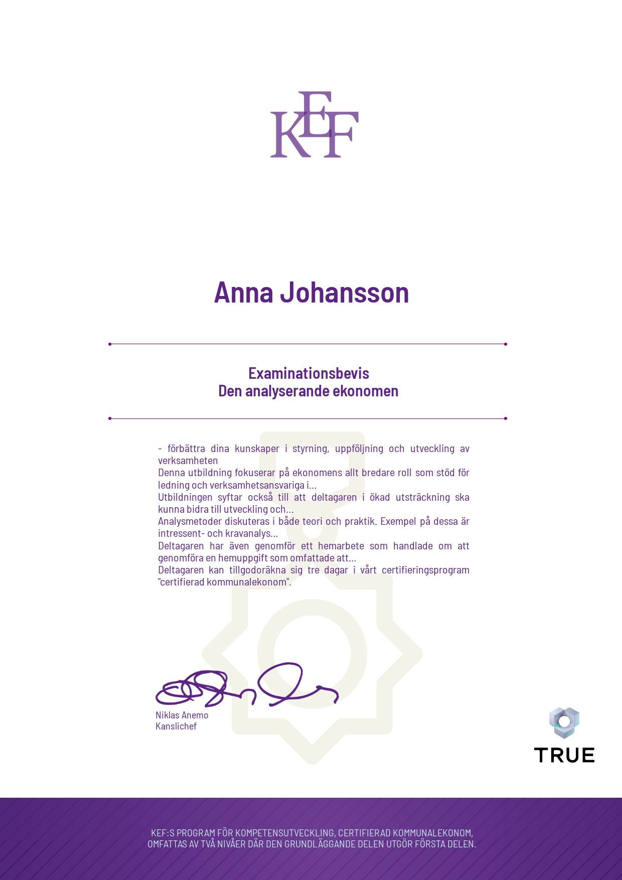 Exempel: diplom för Den analyserande ekonomen från KEF - Kommualekonomernas förening