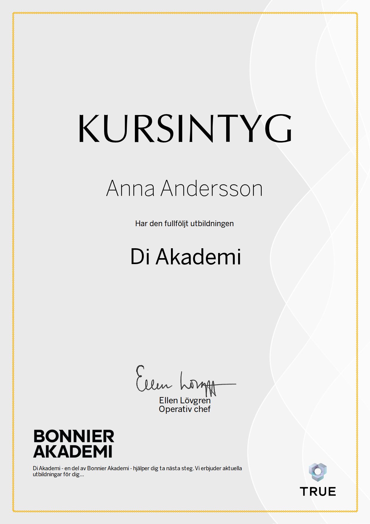 Exempel: diplom för Di Akademi från Bonnier Akademi